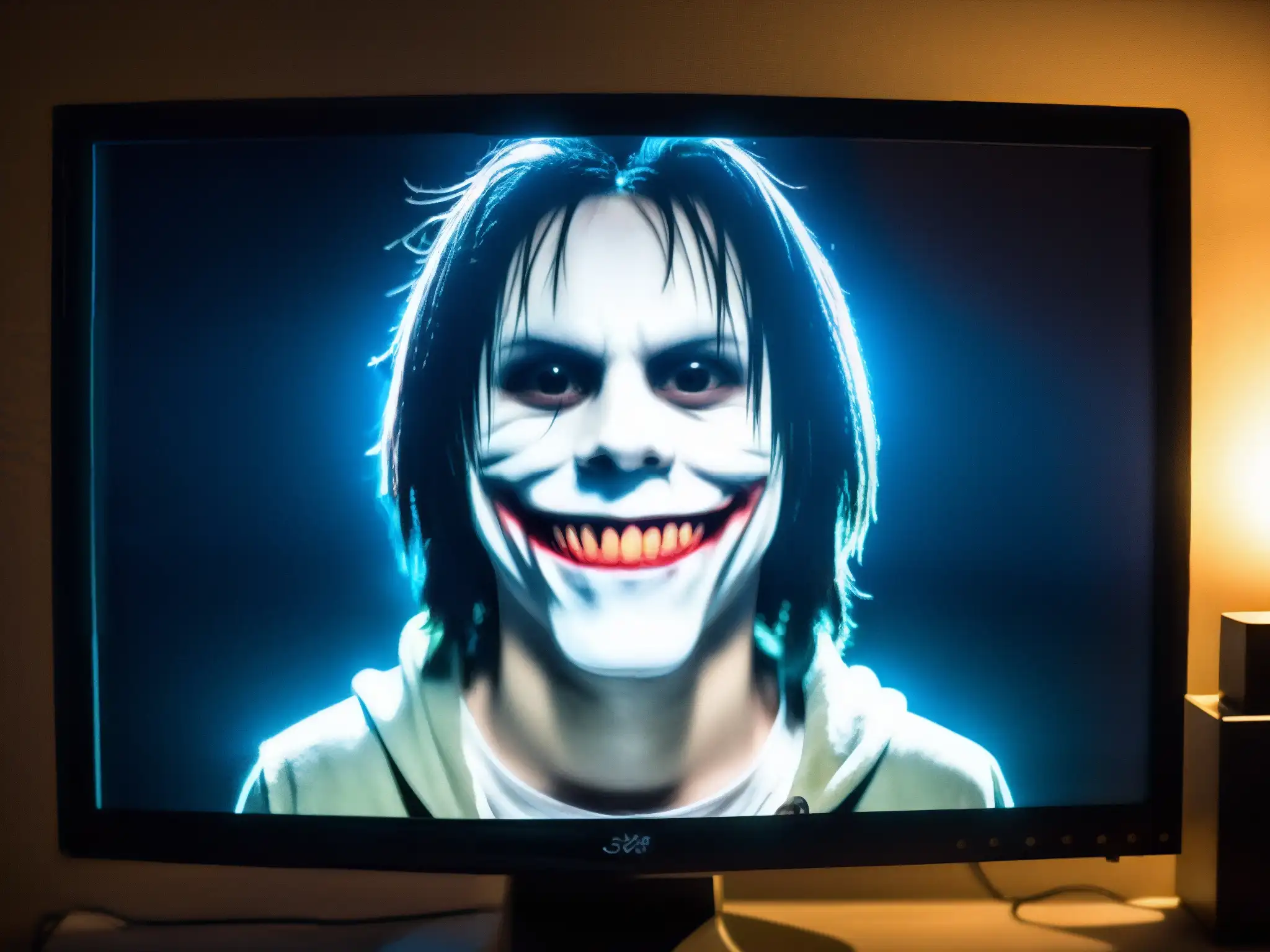 Retrato hiperrealista de Jeff the Killer en pantalla Imagen inquietante de Jeff the Killer en pantalla de computadora en habitación oscura