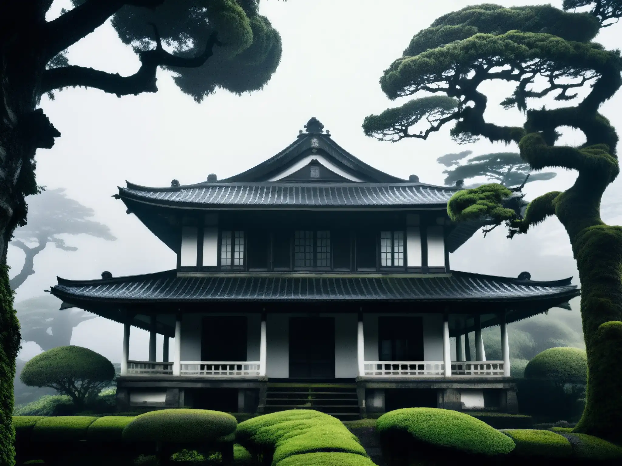 La imagen muestra una mansión japonesa abandonada en la niebla, con árboles retorcidos y sin hojas a su alrededor