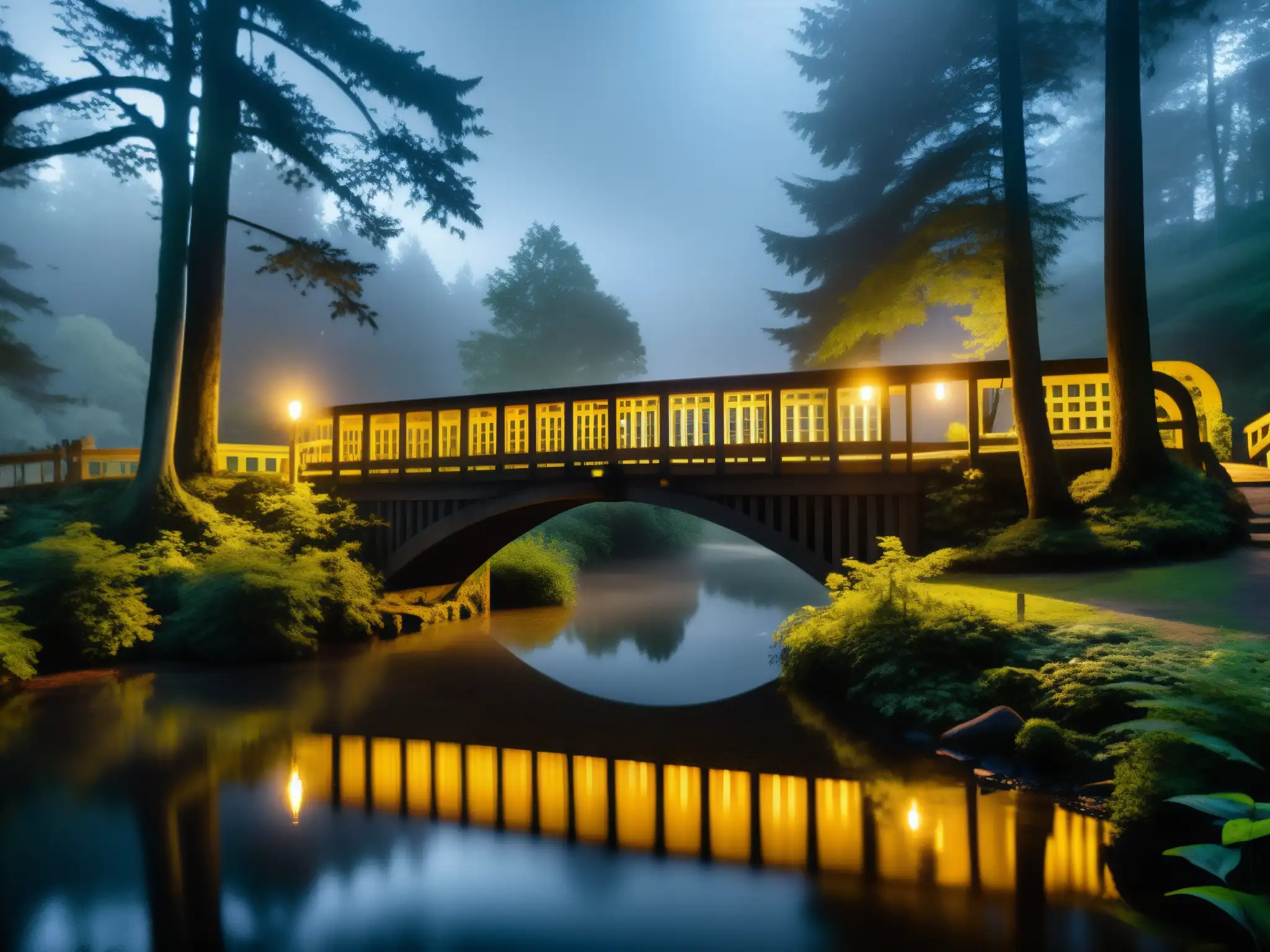Puente Maldito: Misterio en la Noche Imagen misteriosa y lúgubre del Puente Gold Brook envuelto en neblina y sombras, evocando mitos y leyendas urbanas del puente maldito