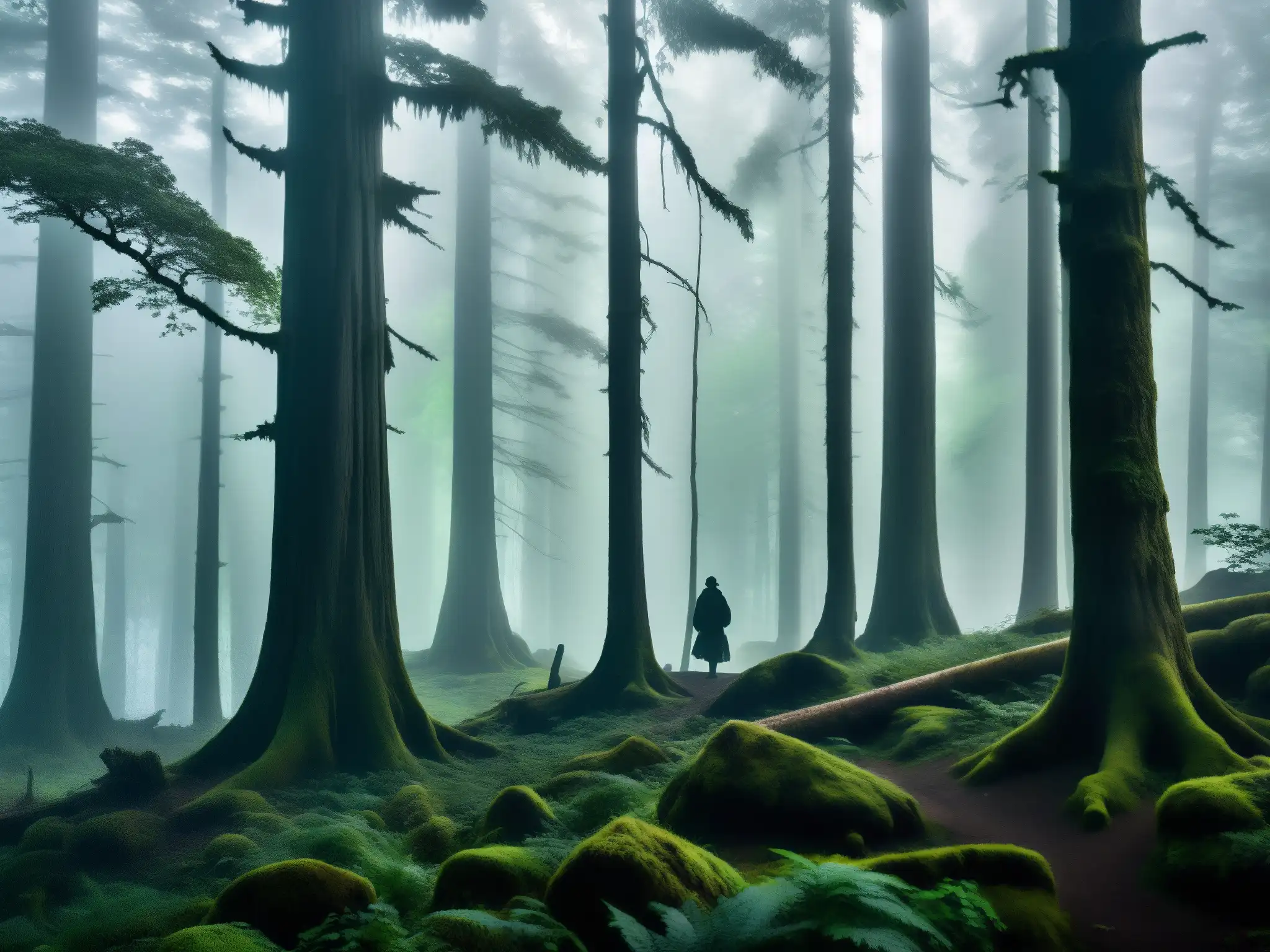Bosque místico de Churel: leyendas entre la niebla Imagen de los misteriosos bosques de la región Churel, con la niebla entre los árboles y la silueta de una figura legendaria