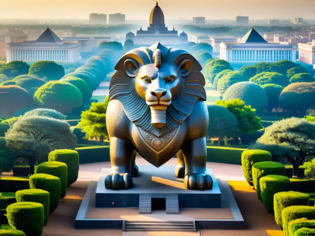 Estatua de bestia mítica cubierta de musgo en Yamoussoukro Imagen ultrarresolución de estatua mítica cubierta de musgo en Yamoussoukro, envuelta en misterio y mitos urbanos de la bestia encantada