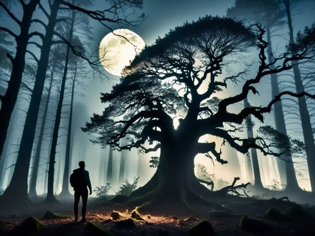 Chupacabra: Misterio en el bosque nocturno Imagen nocturna de un bosque oscuro y misterioso, con la sutil luz de la luna filtrándose entre el denso dosel