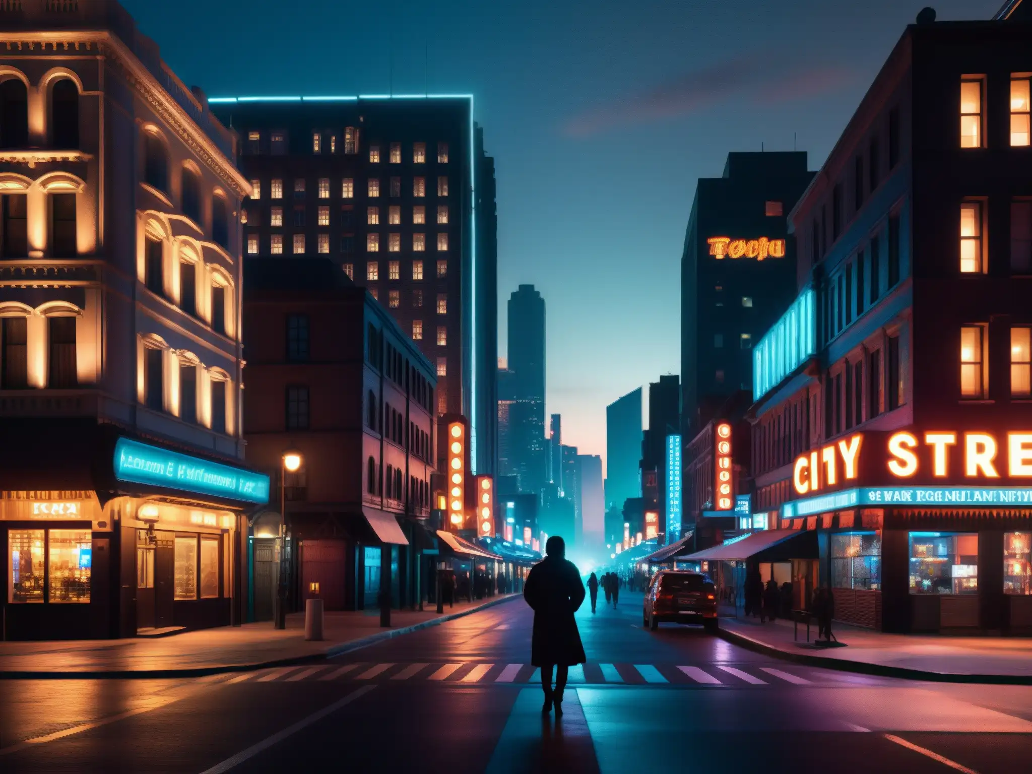 Alley of Shadows: Nocturno urbano en 8k Imagen nocturna de ciudad con aura misteriosa y personaje en sombras, evocando análisis psicológico de leyendas urbanas