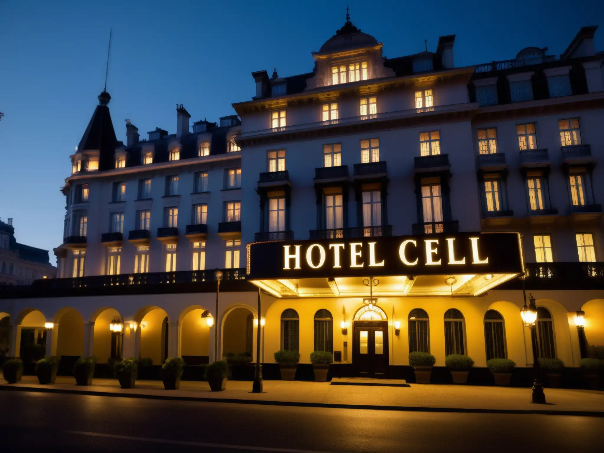 Hotel Cecil: Noche ominosa y misteriosa Imagen nocturna del Hotel Cecil con iluminación dramática, evocando la historia siniestra