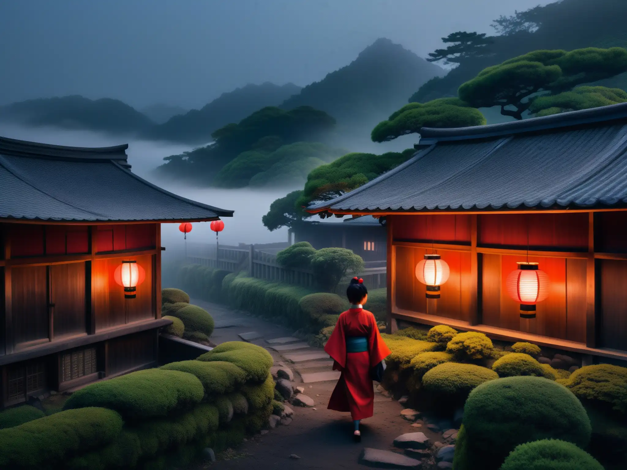 Misterio en aldea japonesa: la influencia en el terror Imagen nocturna de un pueblo japonés abandonado, con casas de madera, faroles rojos y niebla