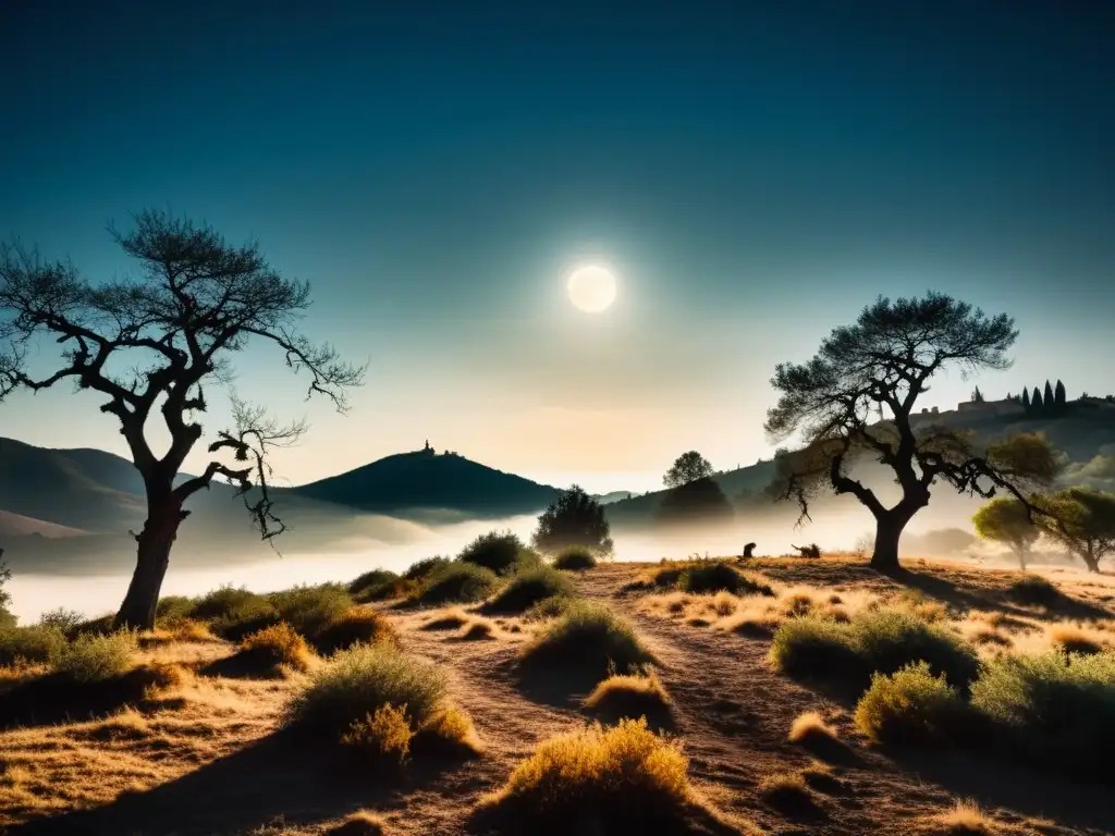 Escena misteriosa de la luna sobre un bosque encantado en España Imagen del origen y avistamientos del Chupacabra en un bosque misterioso y espeluznante iluminado por la luna en España