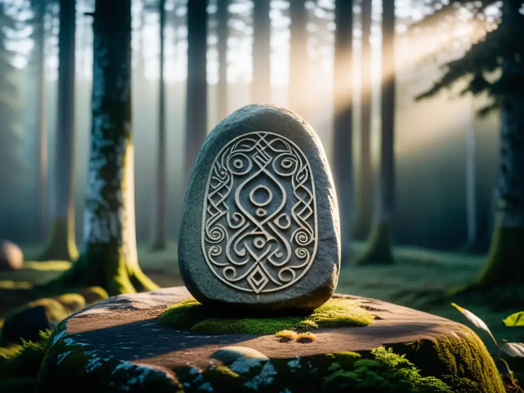 Misteriosa piedra rúnica vikinga en el bosque nórdico Imagen de una piedra rúnica vikinga en un bosque nórdico brumoso, evocando rituales nórdicos de adivinación y misteriosa sabiduría ancestral