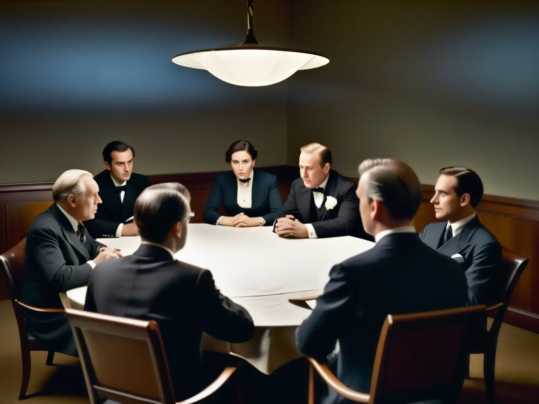 Reunión secreta de la alta sociedad en sepia Imagen sepia de reunión clandestina en el siglo XX con personas vestidas formalmente