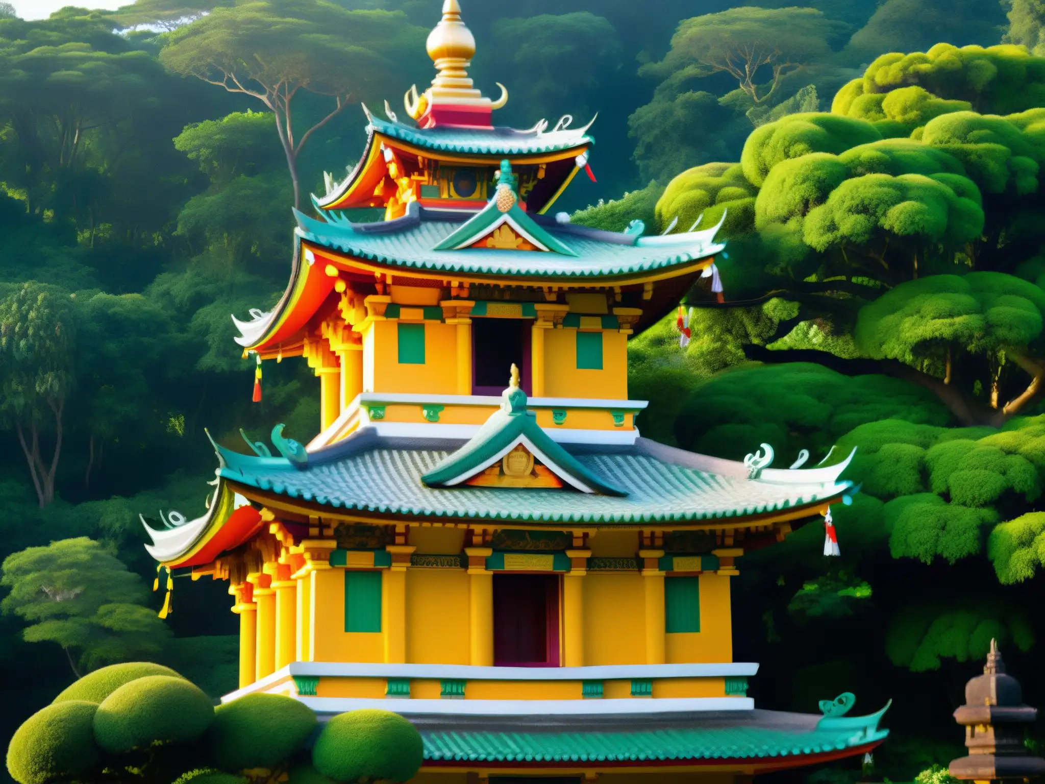 Templo Nāga: Misterio y Serpientes en la Selva Imagen de un templo Nāga vibrante y detallado en medio de exuberante vegetación