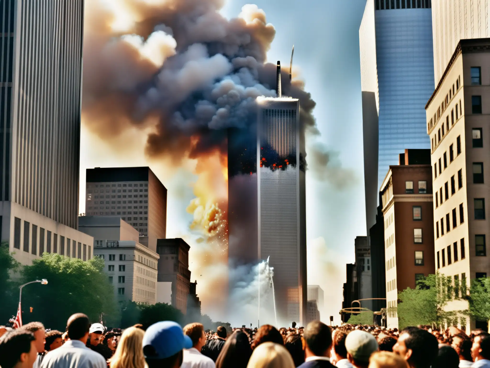 Una impactante fotografía documental de las Torres Gemelas envueltas en humo, con personas en las calles reaccionando con shock y horror