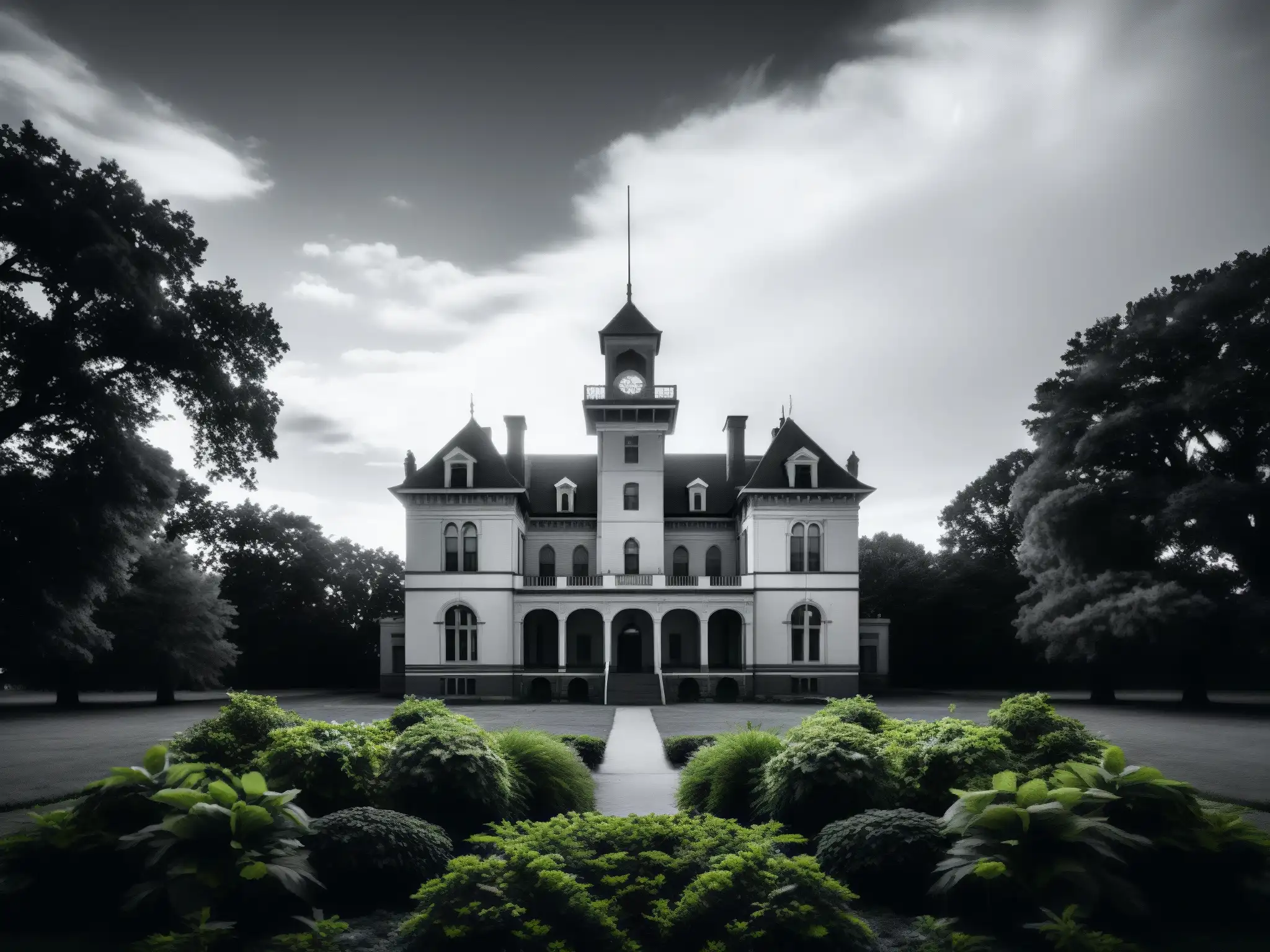 Imponente arquitectura del histórico Hospital Topeka, envuelto en misterio y sombras, evocando mitos y leyendas urbanas