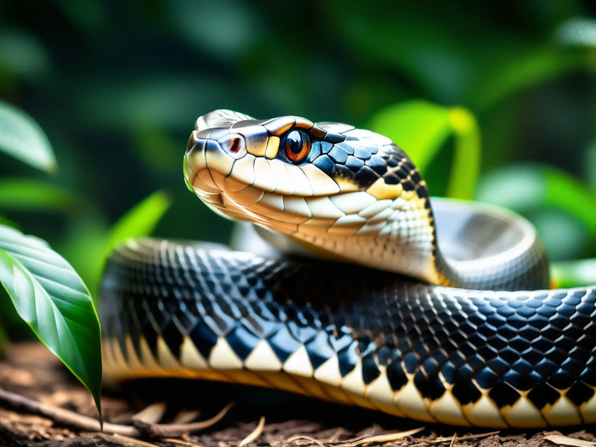 Rey Cobra: Majestuosidad y Peligro en la Selva Una imponente cobra real en la selva, con escamas detalladas y mirada intensa