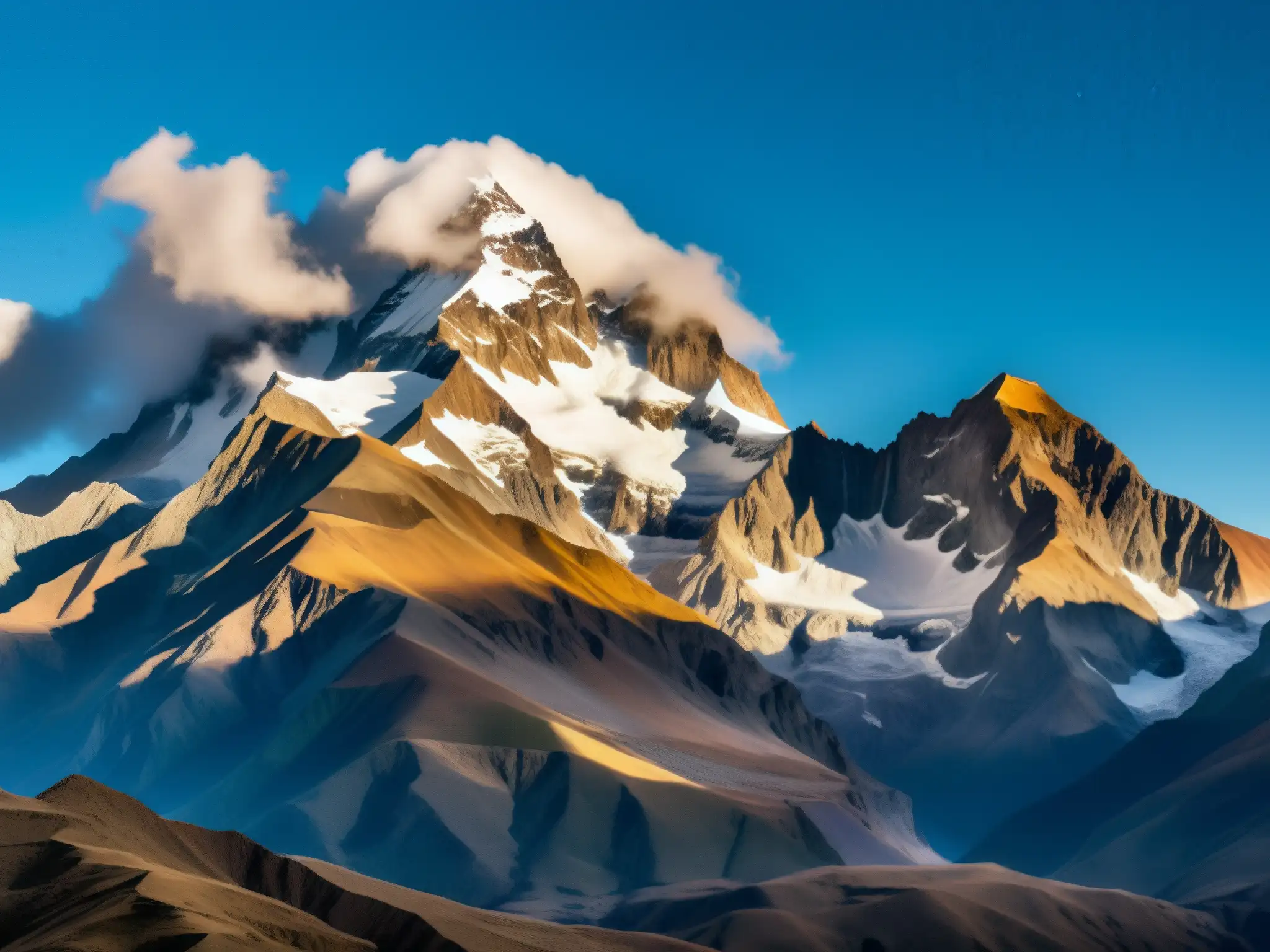 Los imponentes picos nevados de los Andes al amanecer, con niebla en los valles