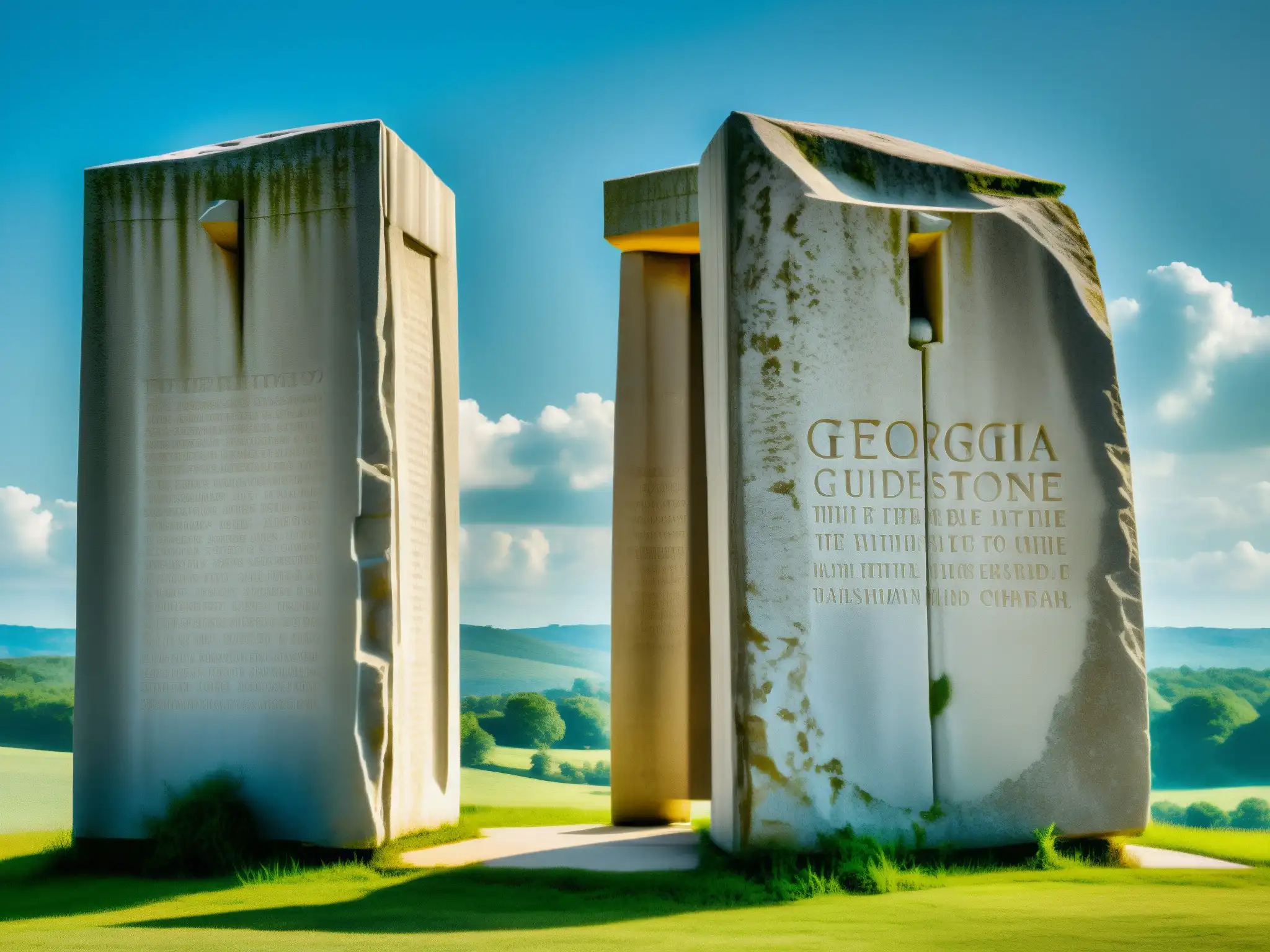 Misterio y grandeza: Las Georgia Guidestones en la naturaleza Imponentes Piedras Guía de Georgia, inscripciones detalladas en granito, paisaje rural evocador, significado apocalíptico