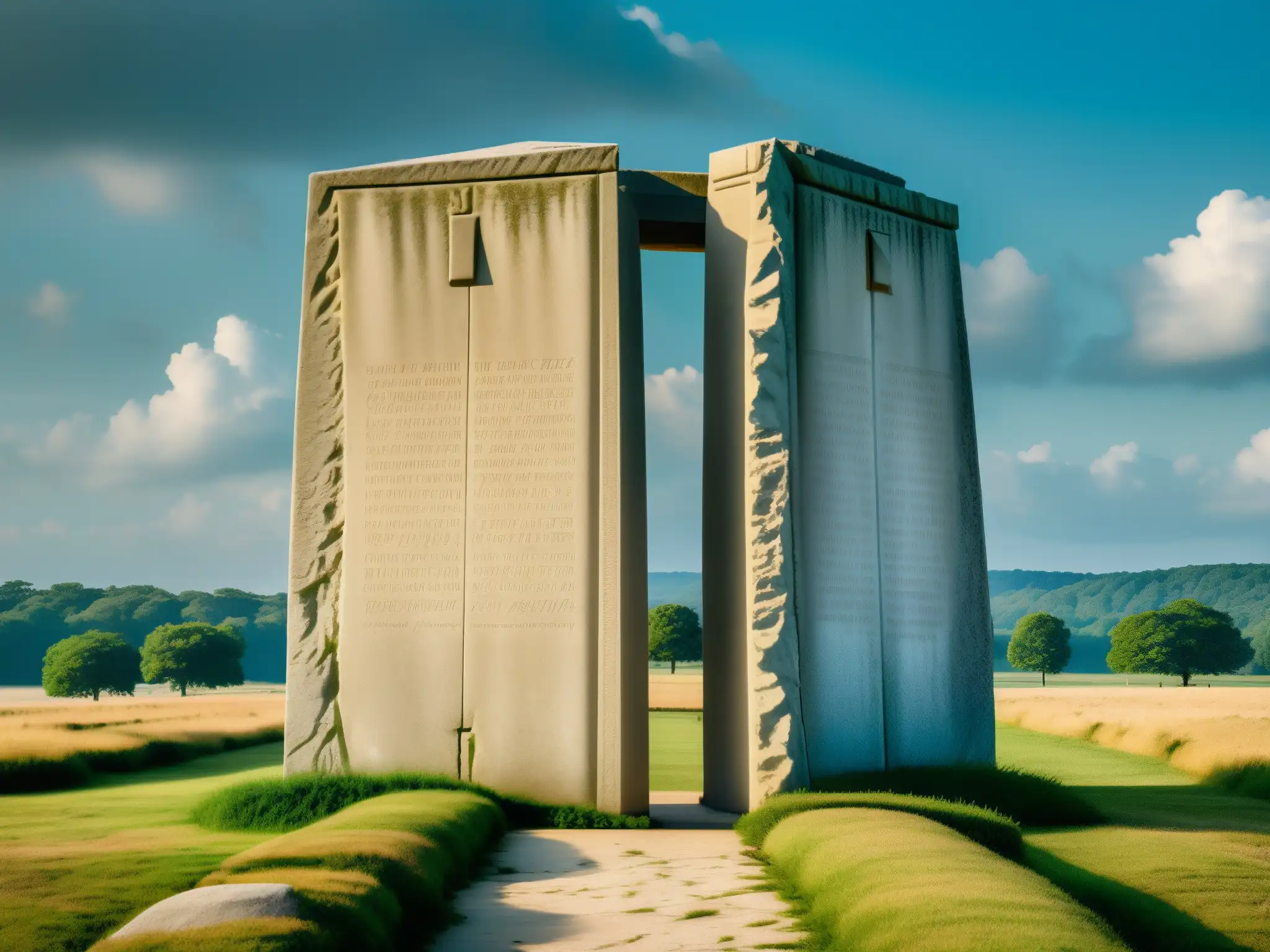Los Enigmáticos Georgia Guidestones: Misterio y Significado Apocalíptico Imponentes Piedras Guía de Georgia, con inscripciones en granito, en misterioso paisaje rural