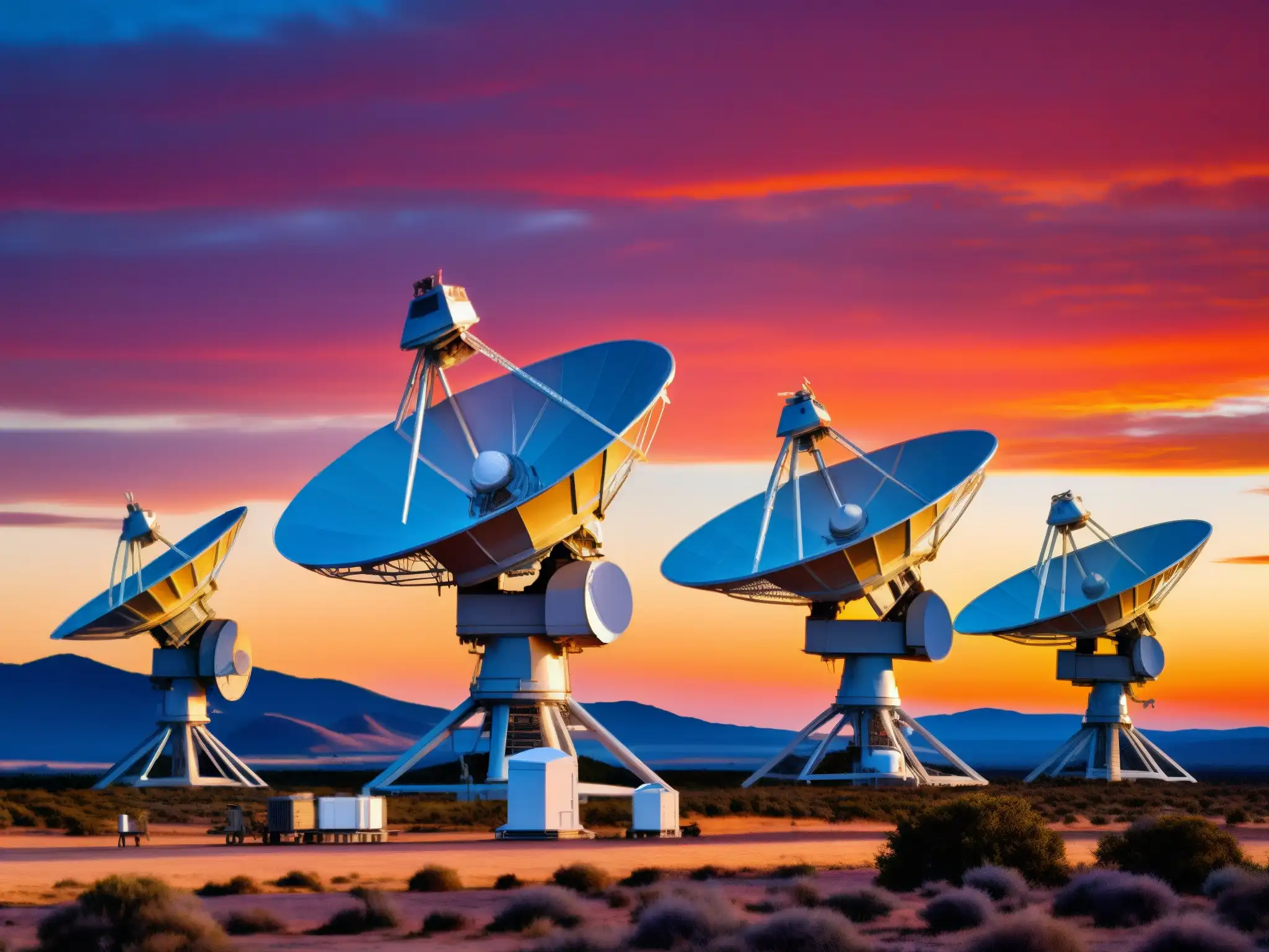 Avanzada tecnología astronómica en atardecer vibrante Un impresionante atardecer ilumina un conjunto de radiotelescopios en busca de comunicación extraterrestre