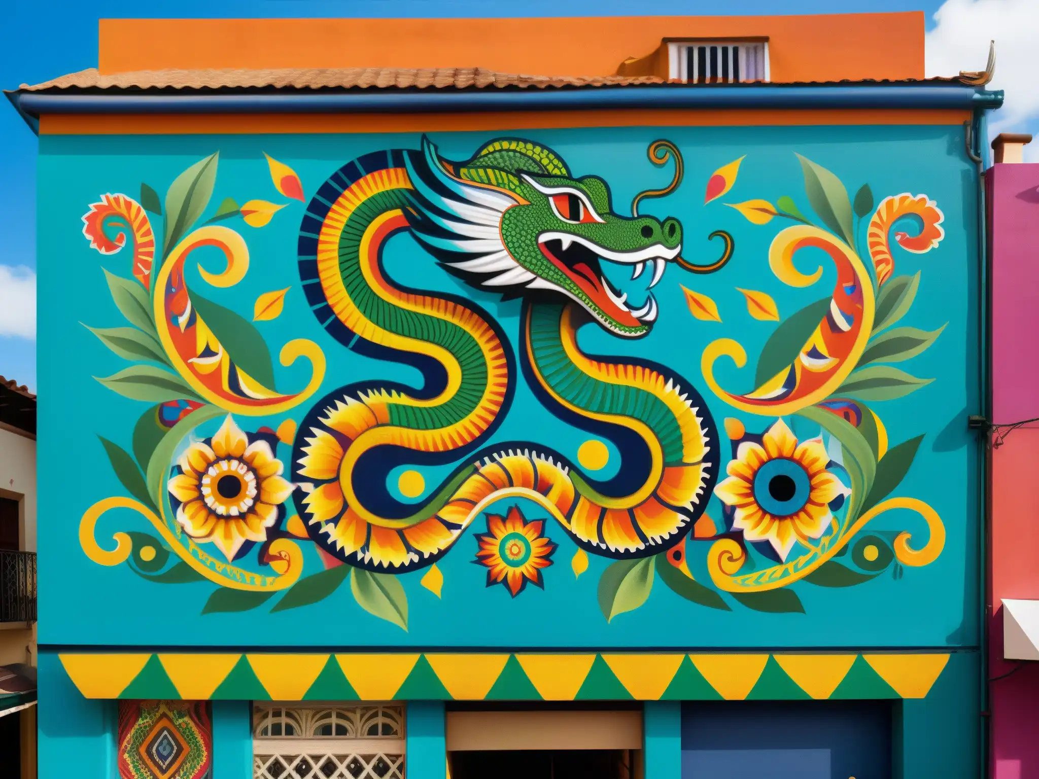 Impresionante mural urbano que representa creencias mitológicas de una serpiente de siete cabezas en una ciudad sudamericana