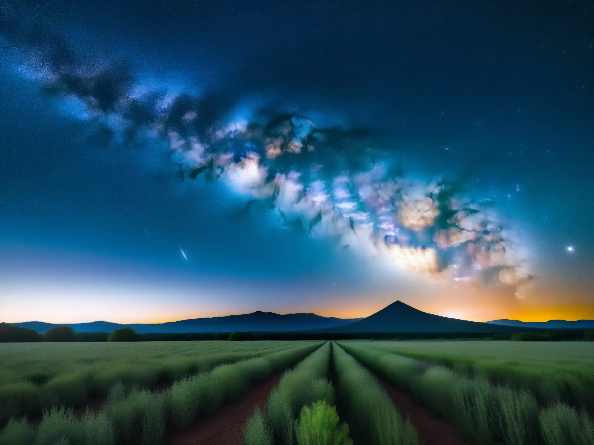 Espectacular vista de la Vía Láctea en alta resolución Una impresionante fotografía de alta resolución del cielo nocturno, con la Vía Láctea deslumbrante en el horizonte