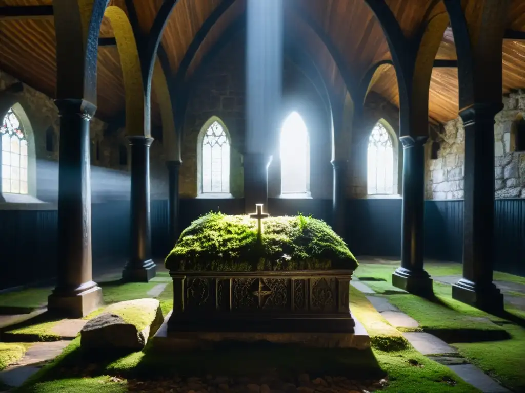 Interior sombrío de la cripta de la Iglesia Negra en Escandinavia, con sarcófago de piedra cubierto de musgo y luz filtrándose