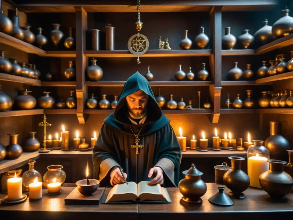 Laboratorio alquímico medieval en Praga: misterio y secreto Un laboratorio de alquimia en Praga medieval, con un encapuchado trabajando en un caldero rodeado de velas