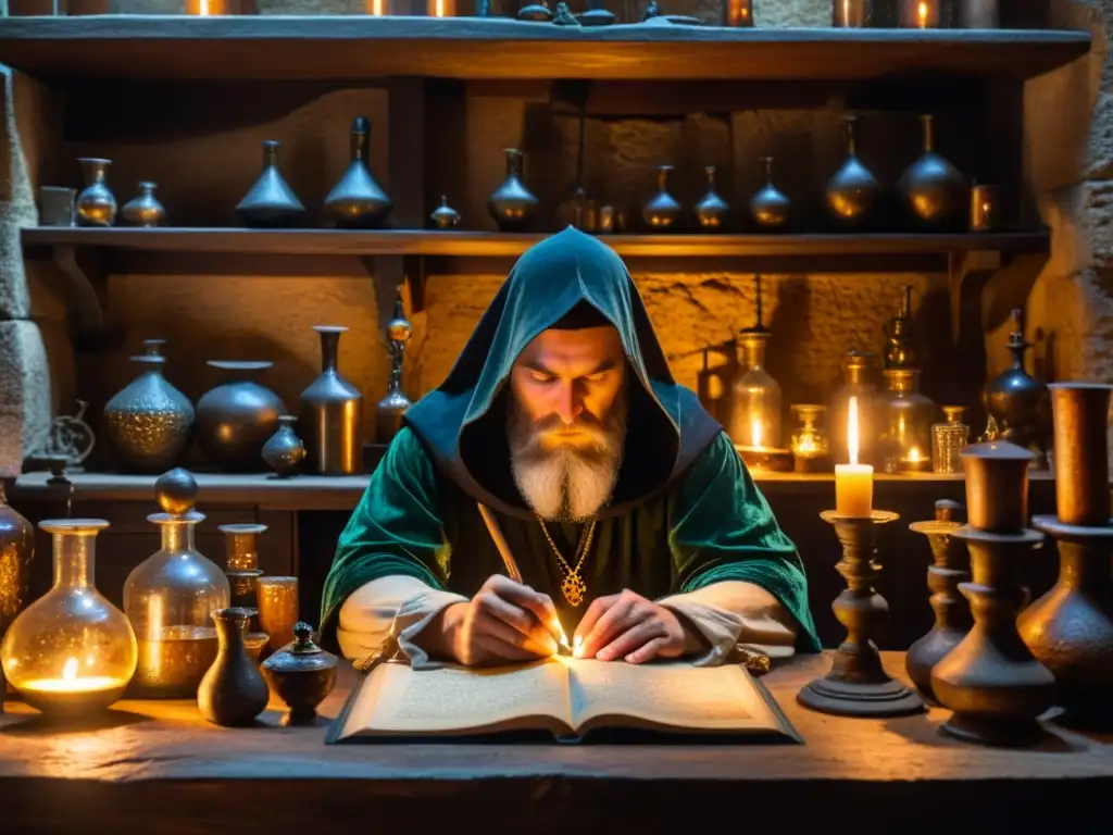 Alquimia medieval en Praga: misterios y pócimas En el laboratorio de alquimia en Praga, una figura encapuchada trabaja rodeada de libros antiguos y frascos de vidrio, iluminada por una misteriosa luz