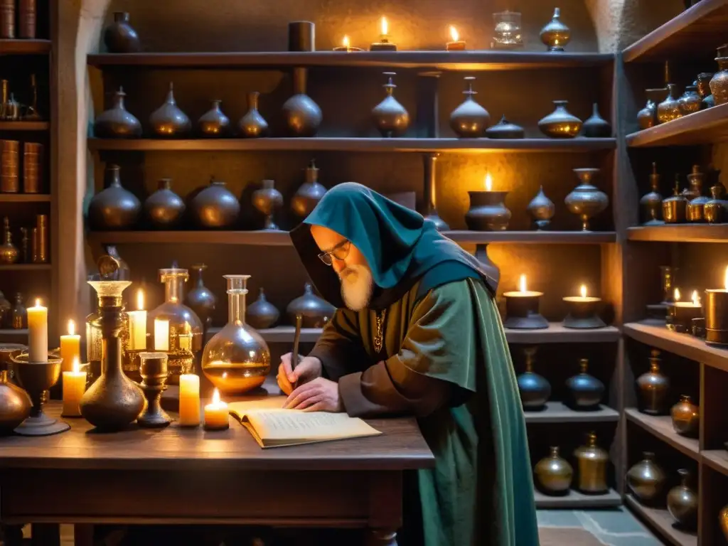 Alquimia misteriosa en Praga medieval: laboratorio intrigante Un laboratorio de alquimia medieval en Praga, con un ambiente misterioso, intrincadas herramientas y un alquimista trabajando en un experimento