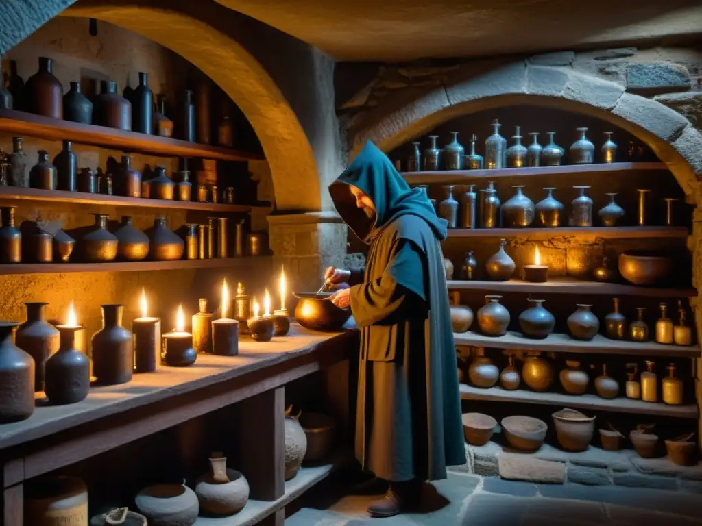 Alquimia en Praga: laboratorio subterráneo medieval Un laboratorio de alquimia subterráneo, con velas y símbolos místicos, en la Praga medieval, evocando secretos y mitos de los alquimistas