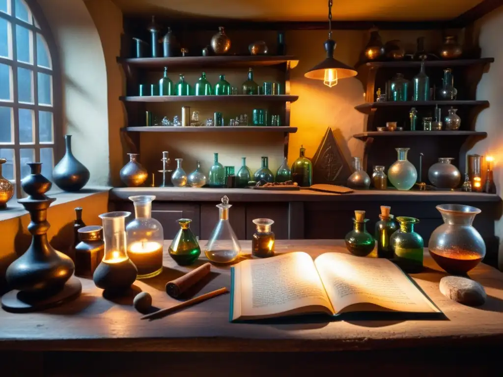 El laboratorio del alquimista en Praga: misterio y magia Un laboratorio de alquimista en Praga medieval, con vidriería, pociones y libros antiguos