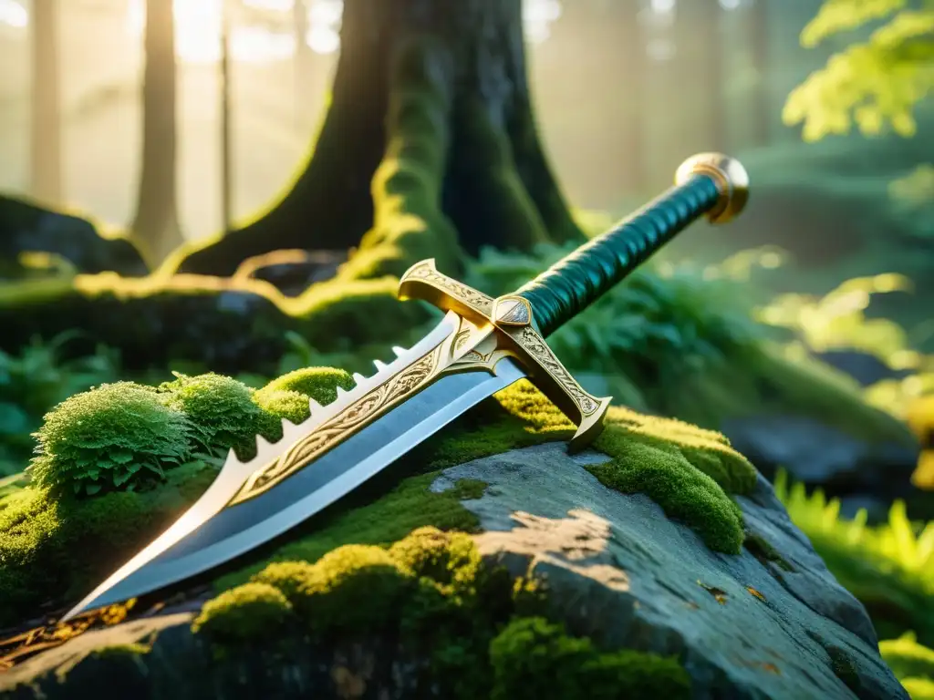 Excalibur: Espada legendaria en la luz dorada del amanecer La legendaria espada Excalibur reposa sobre una piedra cubierta de musgo en un bosque místico al amanecer
