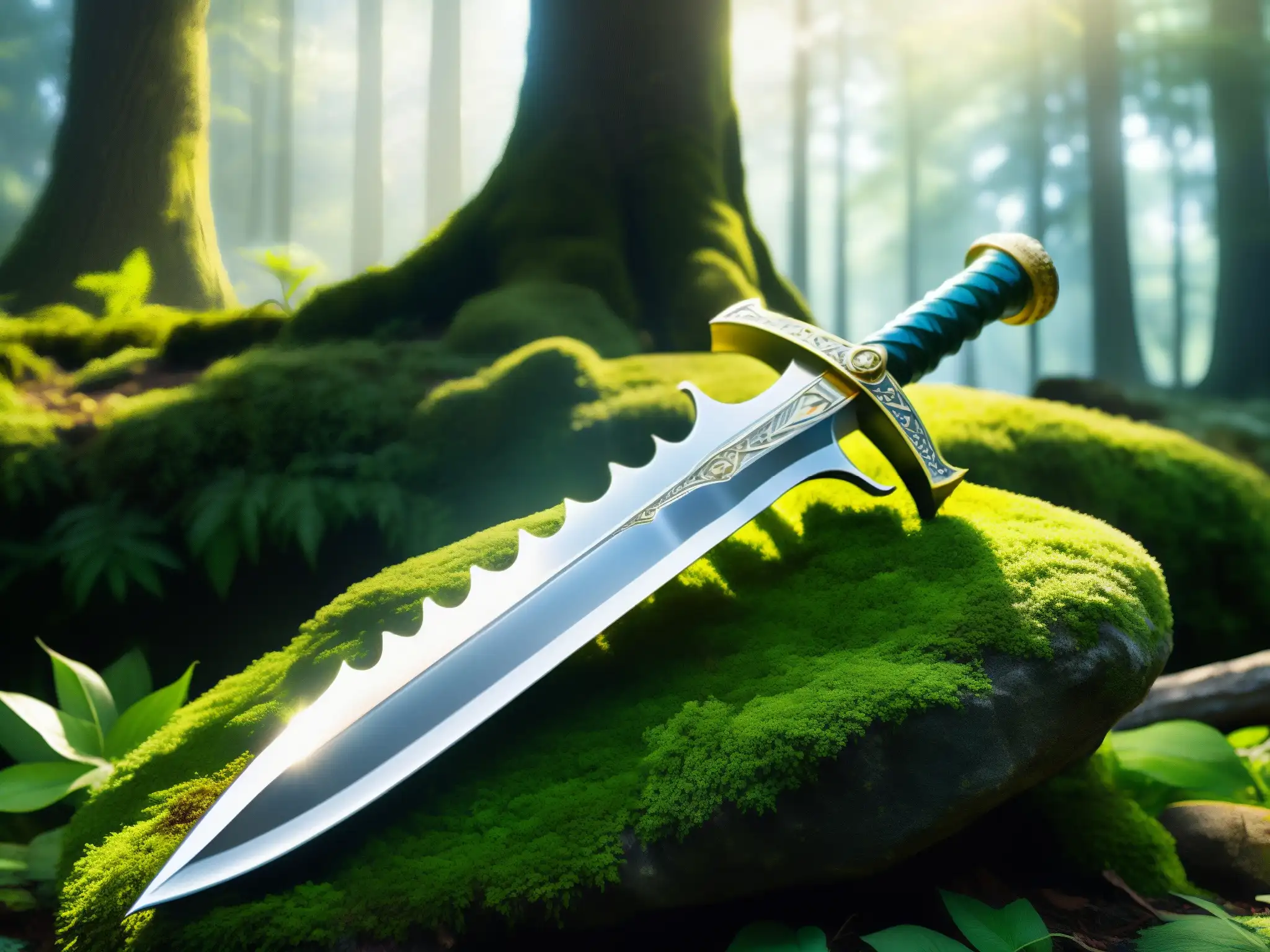 Excalibur: leyenda en el bosque mágico La legendaria espada Excalibur descansa sobre una piedra cubierta de musgo en un bosque misterioso y antiguo