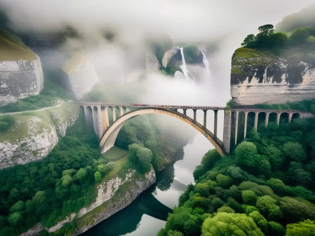 Espectacular Puente del Diablo en Dinamarca La legendaria Puente del Diablo en Dinamarca emerge entre la niebla y la naturaleza, evocando historias místicas