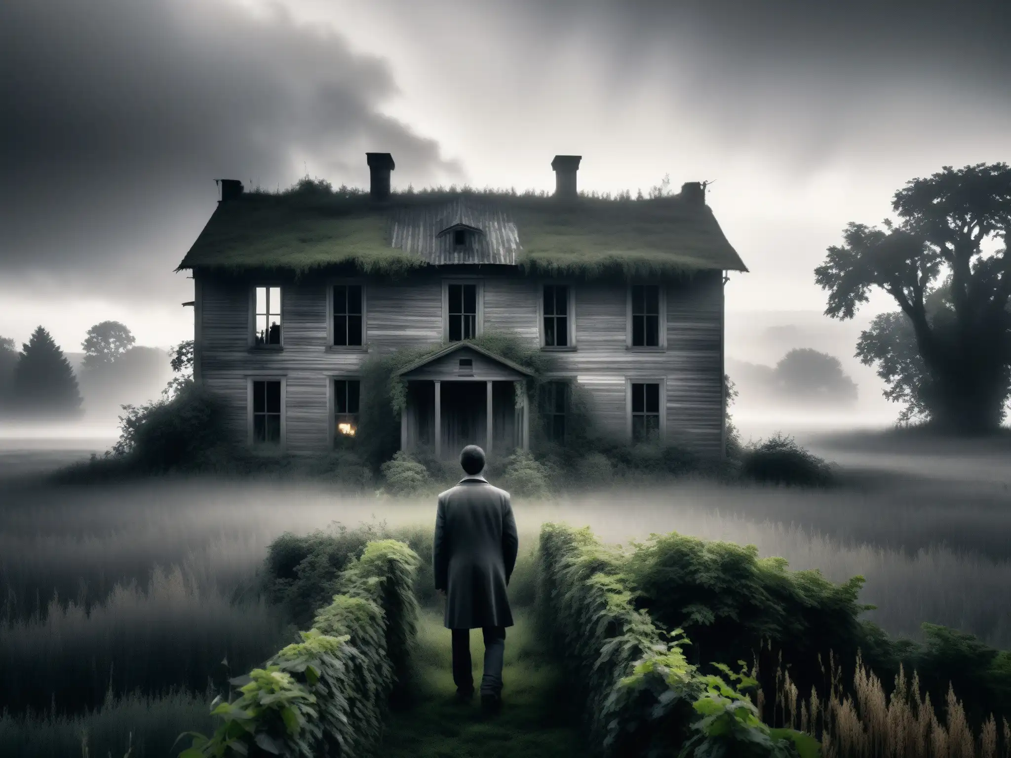 Granja abandonada en la niebla: misterio y decadencia Una leyenda americana: La fantasma Bell Witch observa la casa abandonada en la neblina
