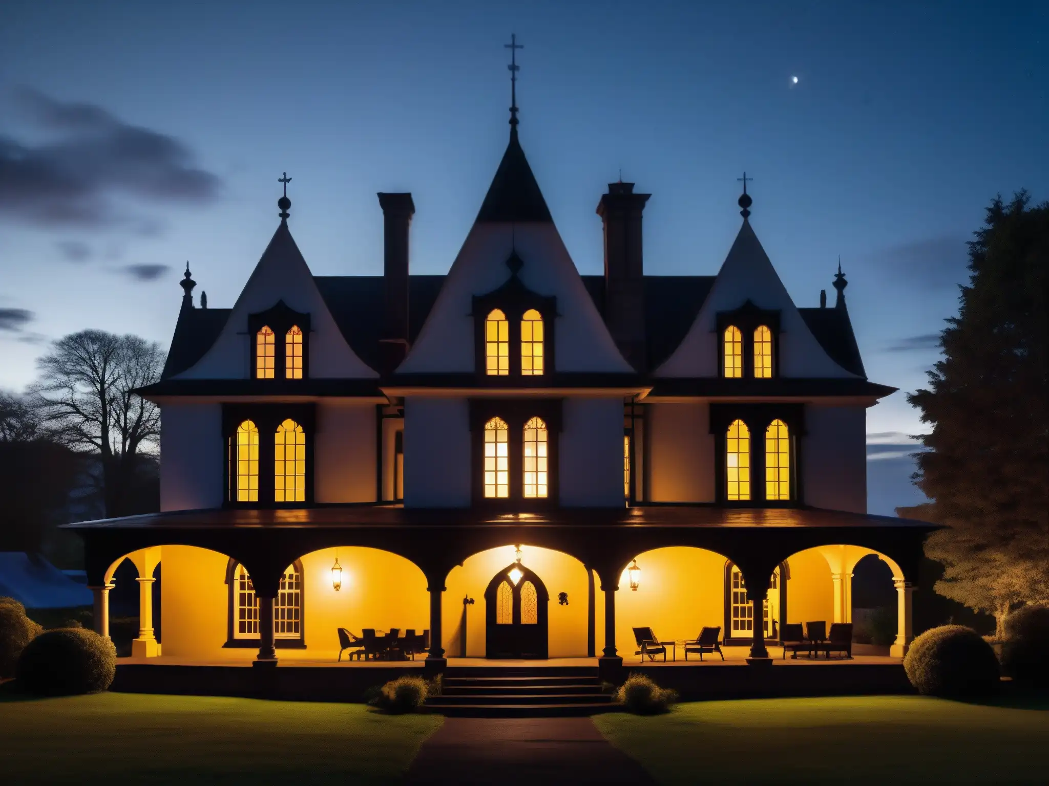Imagen impactante: Victoria's Black Swan Inn iluminada en la noche La leyenda figura negra de Victoria's Black Swan Inn se manifiesta en la oscuridad de la noche, con su arquitectura gótica iluminada por una solitaria luz en la ventana, mientras una misteriosa figura se vislumbra en primer plano