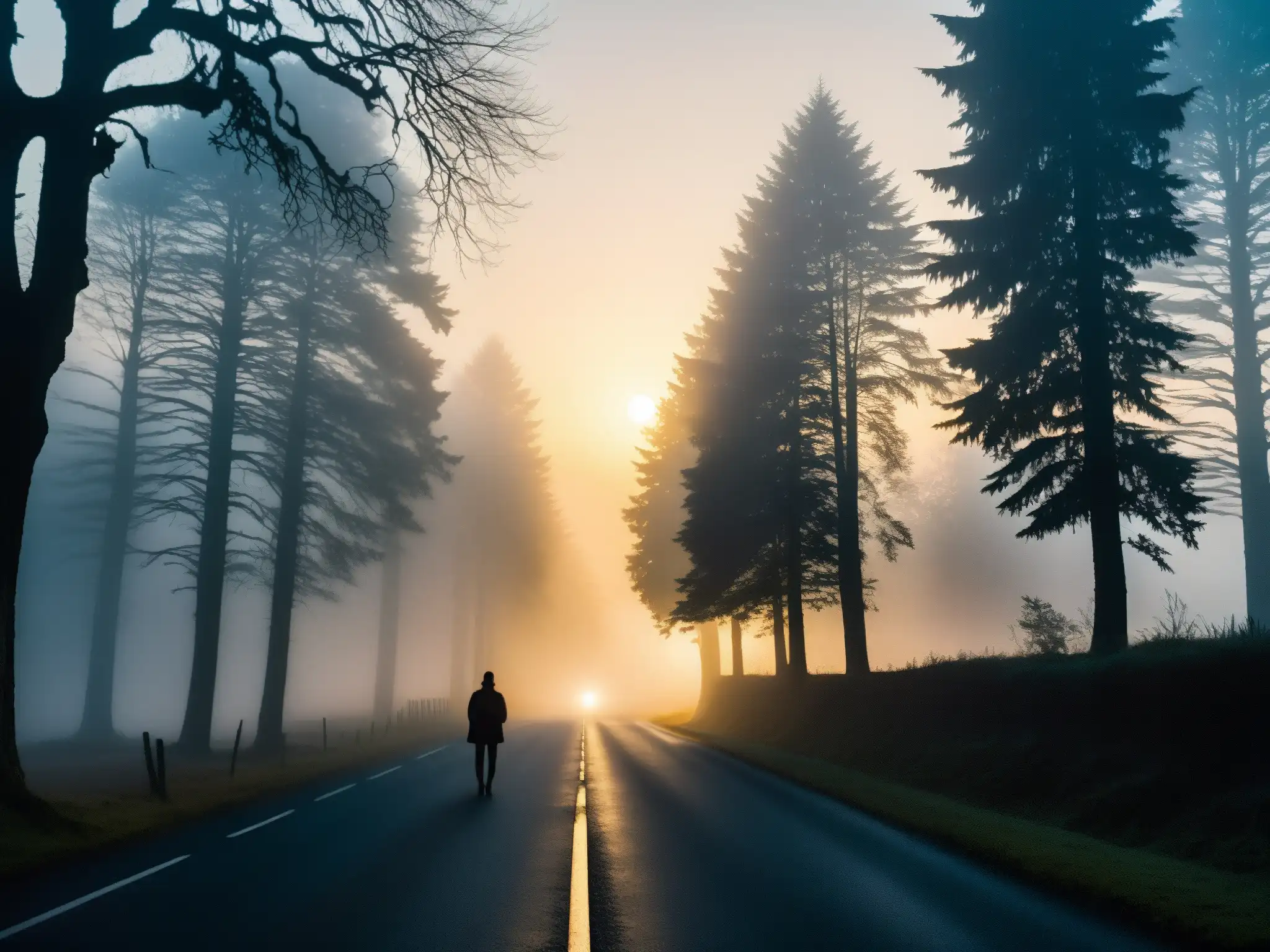 La leyenda urbana Bestia Bray Road cobra vida en esta imagen detallada y ultrarresolución de la misteriosa criatura lobo al anochecer, con ojos brillantes en la neblina