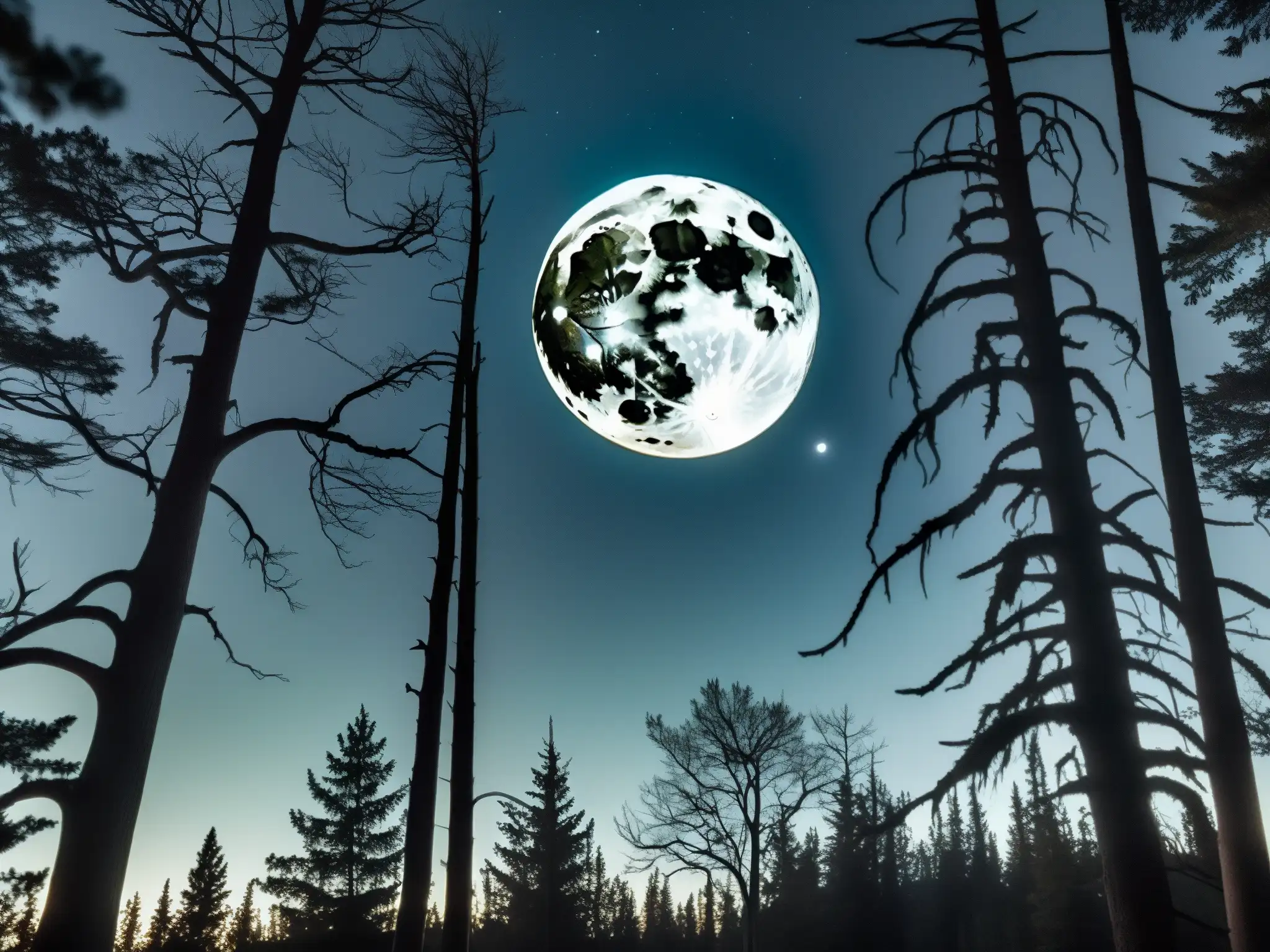 La luz de la luna brilla sobre el inquietante bosque en la noche, creando una atmósfera de misterio y suspenso