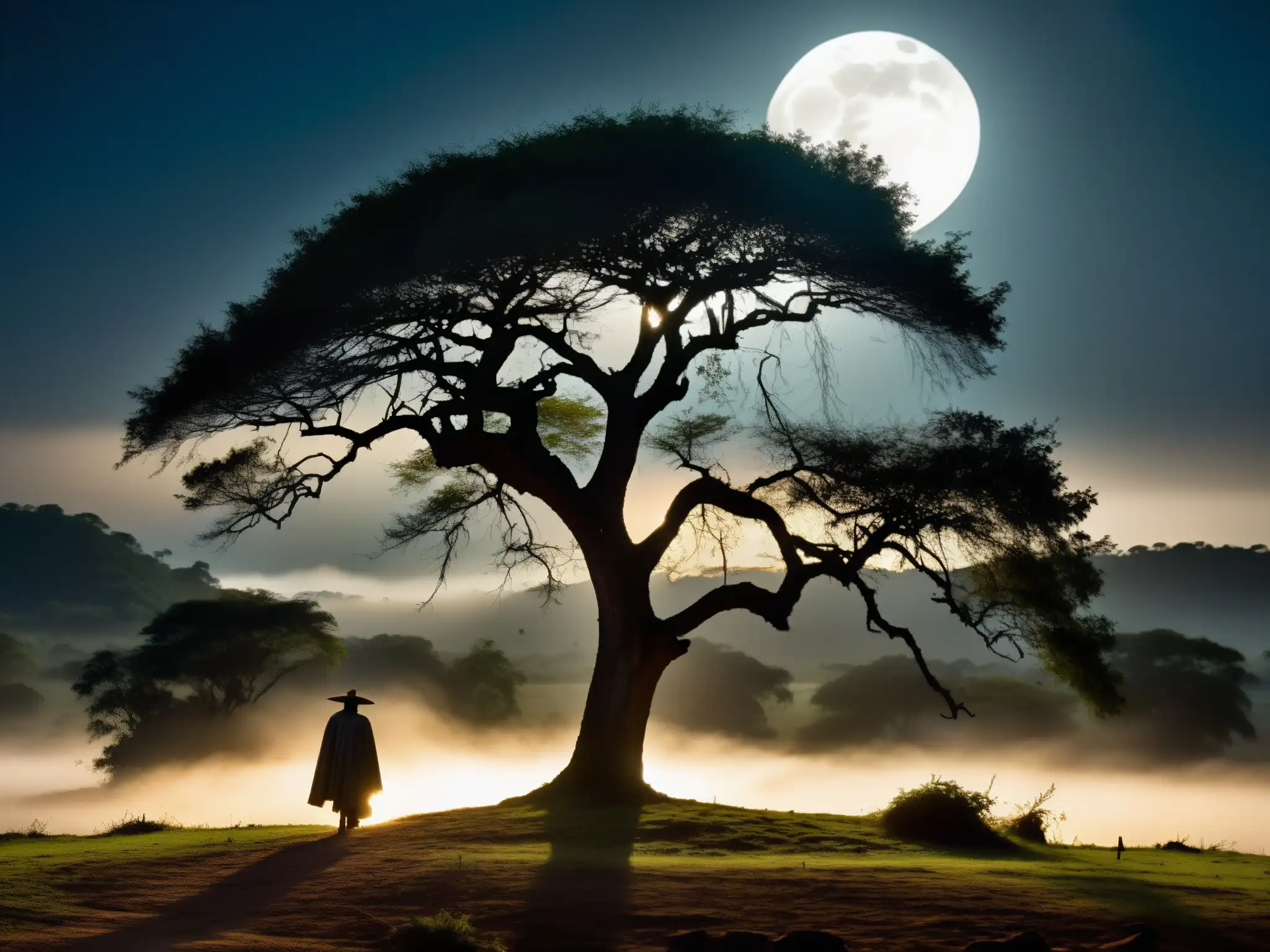 Figura solitaria en paisaje misterioso de los llanos venezolanos Bajo la luz de la luna en los llanos de Venezuela, El Silbón se oculta en la niebla, creando un paisaje misterioso y sobrenatural