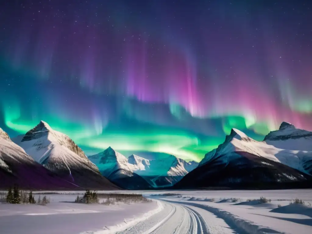 Espectacular Aurora Boreal en las Montañas Un mágico espectáculo de la Aurora Boreal ilumina el cielo nocturno sobre un paisaje nevado