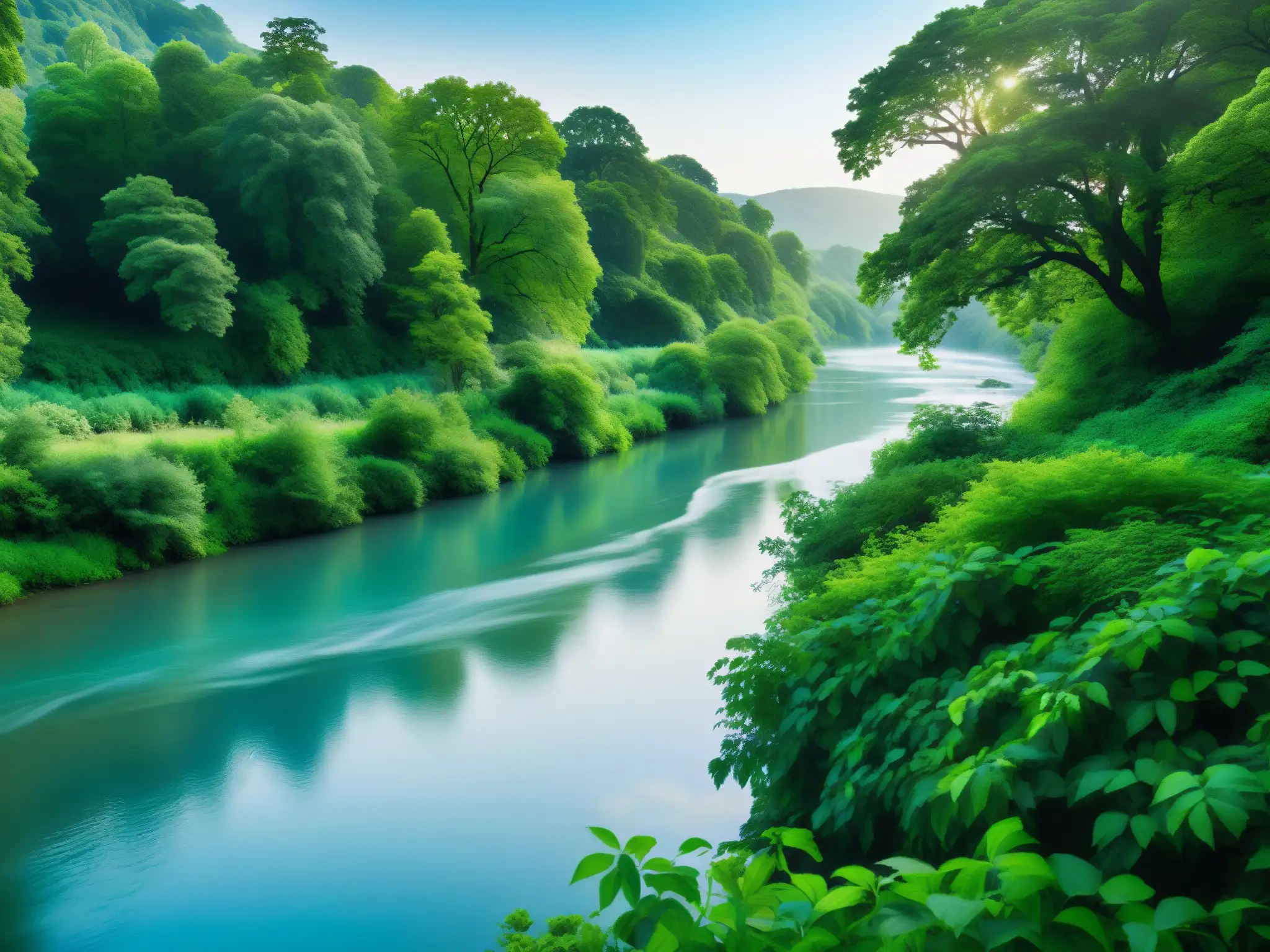 Río místico: Mohán, guardián de la naturaleza El Mohán, guardián mágico de los ríos, evoca la serenidad de un paisaje natural con río y exuberante vegetación