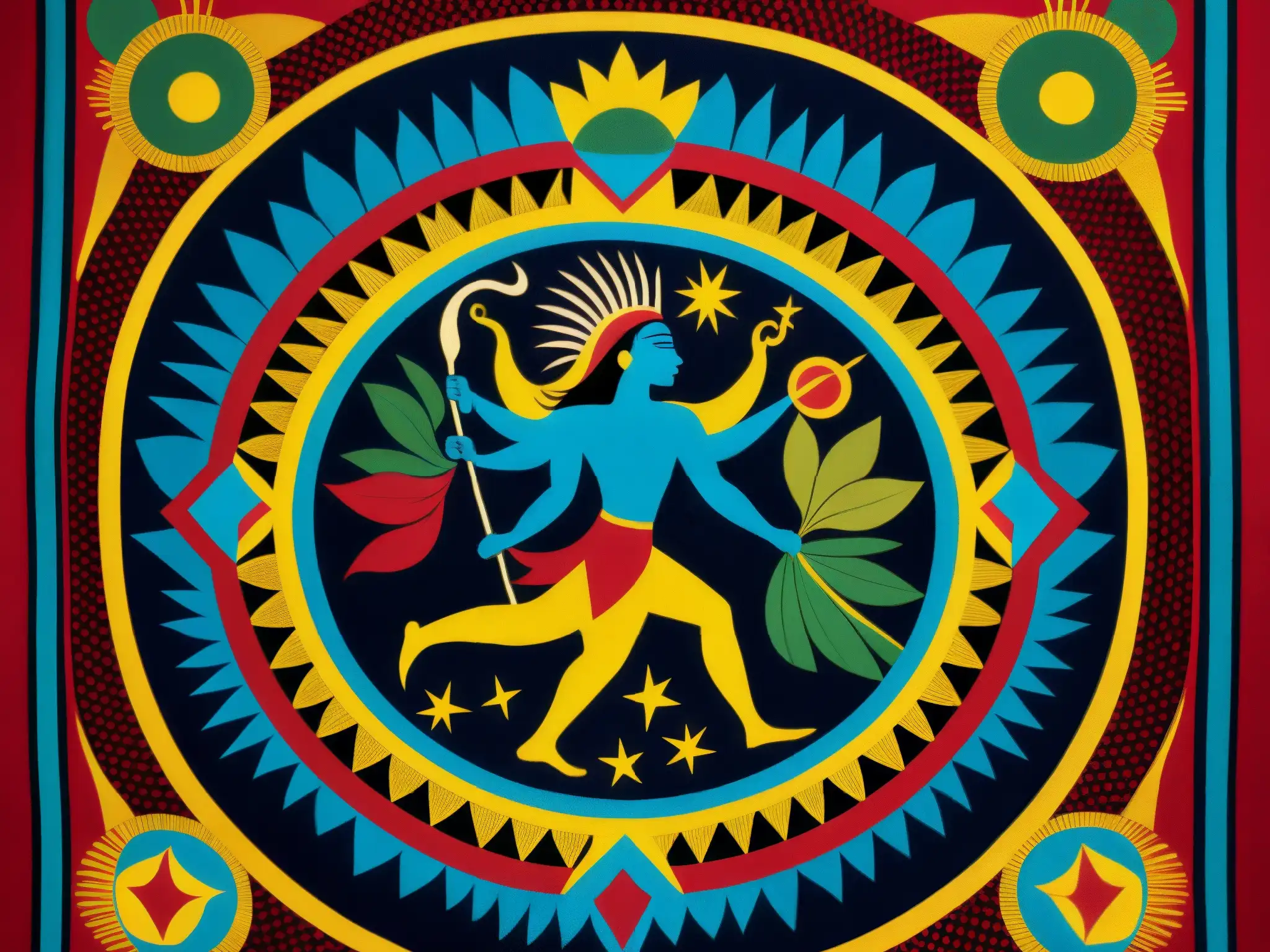 Tapiz vibrante de Tupã, dios Guarani de la creación Magnífico tapiz guaraní representa el mito de la creación por Tupã, con colores vibrantes y detalles intrincados