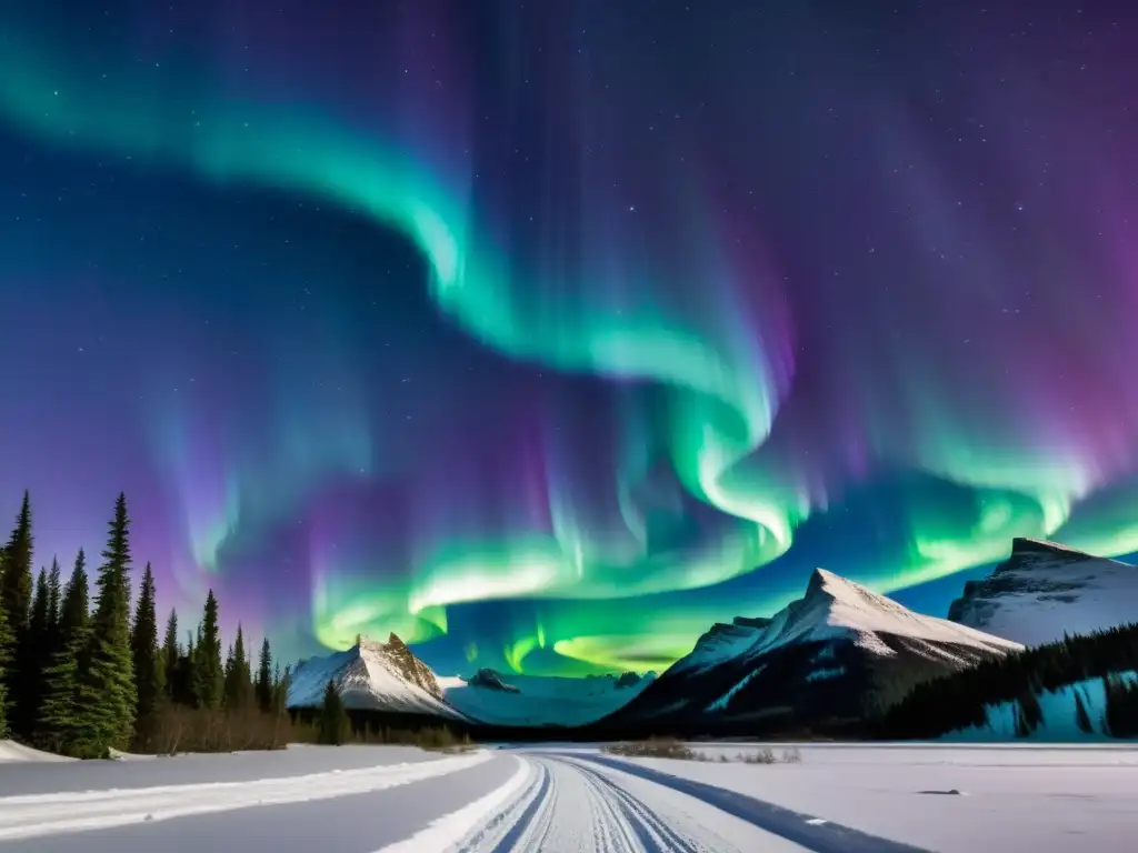 Aurora Boreal: Danza de luces en el cielo nocturno Majestuosa Aurora Boreal en el cielo nocturno, con vibrantes tonos verdes, morados y azules