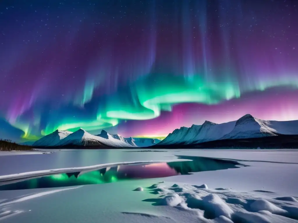 Aurora Boreal: Danza de luces y estrellas sobre Escandinavia Majestuosa Aurora Boreal iluminando el cielo nocturno sobre paisaje escandinavo nevado