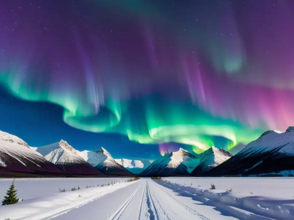 Espectacular Aurora Boreal sobre paisaje nevado Majestuosa Aurora Boreal iluminando el paisaje nevado escandinavo, evocando los mitos escandinavos de la Aurora Boreal