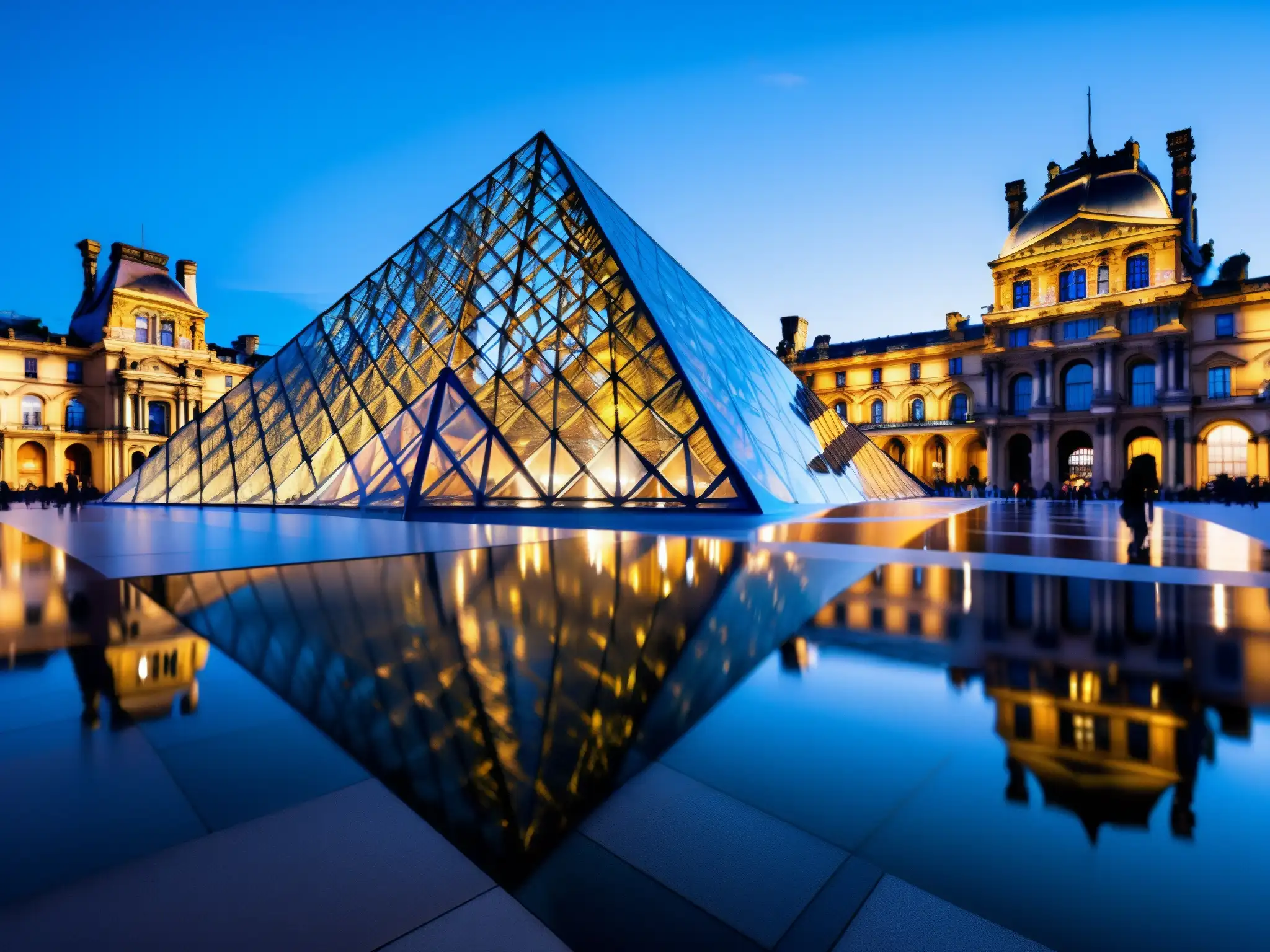 La majestuosa imagen del exterior del Museo del Louvre en París al anochecer, con la icónica pirámide de vidrio