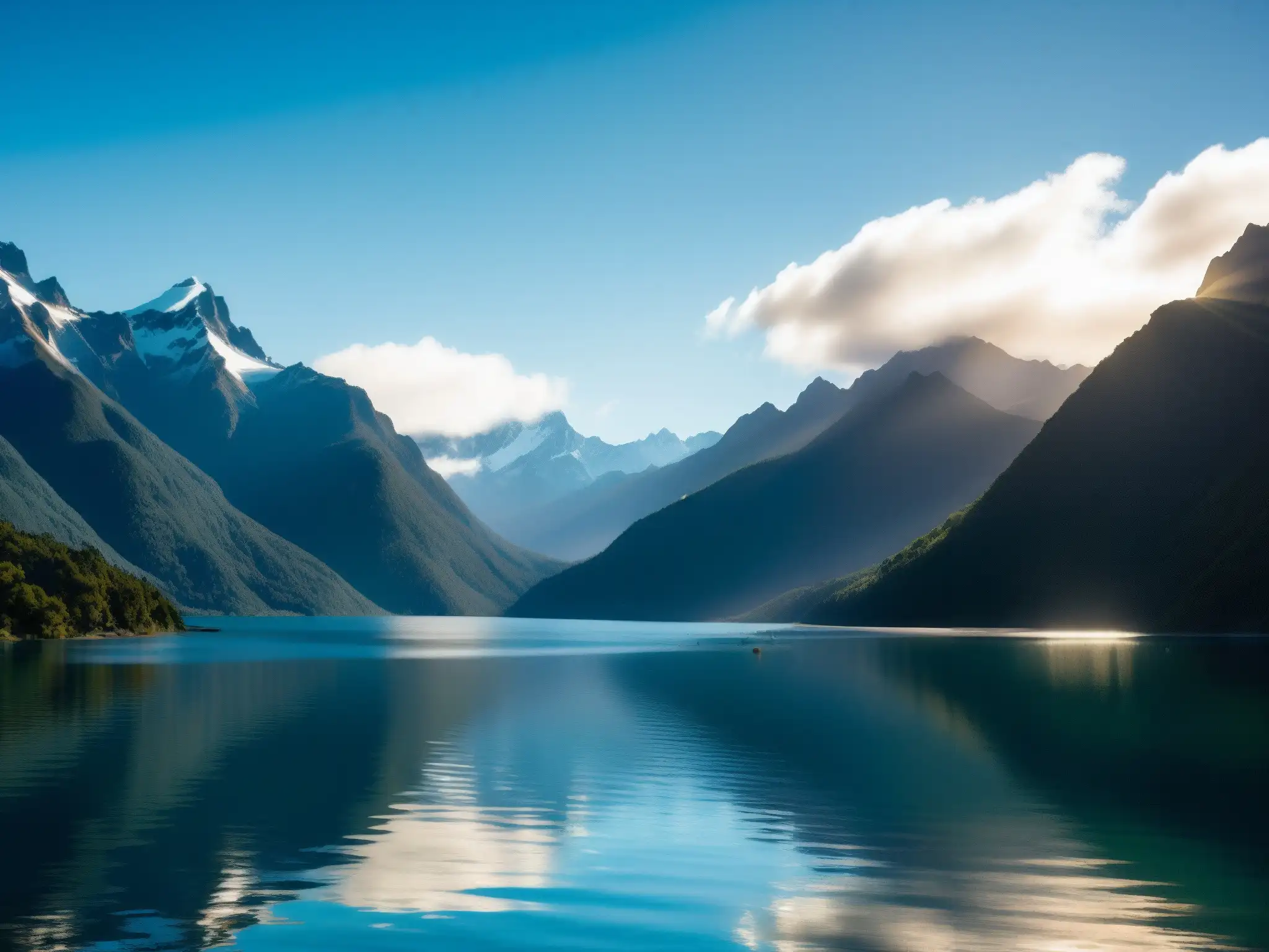Lago Nahuel Huapi: Reflejos mágicos en los Andes Una majestuosa imagen del misterioso lago Nahuel Huapi, con el reflejo de los Andes y la silueta de un bote