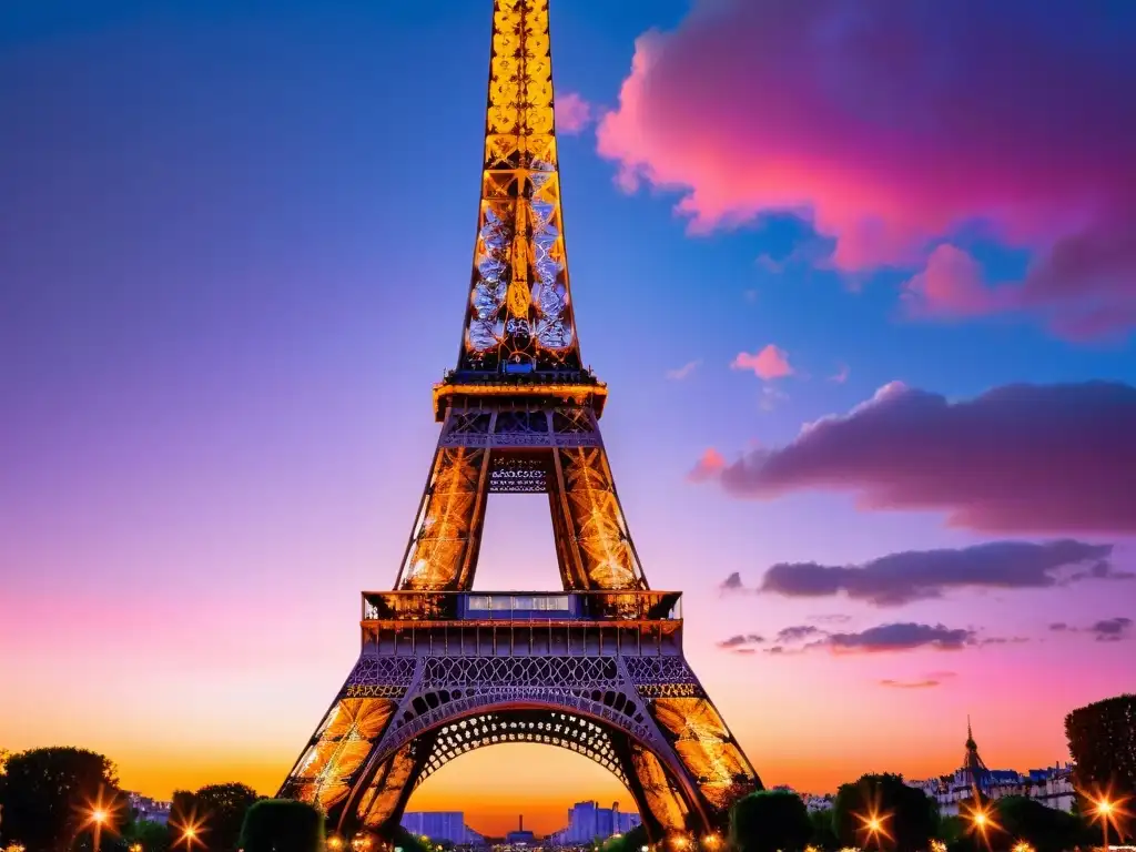 Espléndida puesta de sol sobre la Torre Eiffel La majestuosa Torre Eiffel al atardecer, con tonos anaranjados, rosados y morados en el cielo
