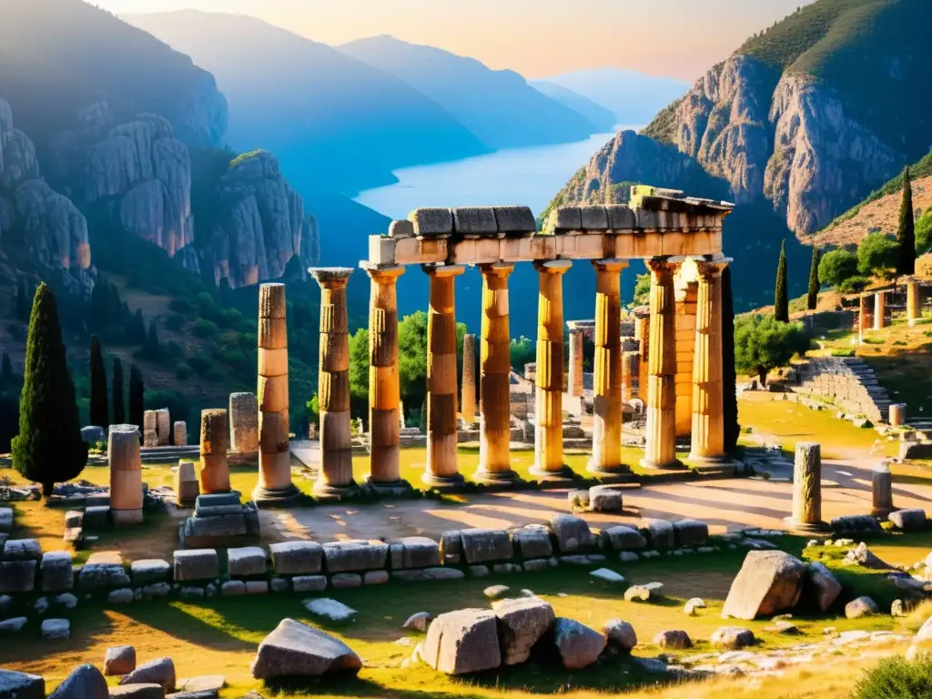 Ruinas del Templo de Apolo en Delphi: Misterio y Legado Majestuosas ruinas del Templo de Apolo en Delfos al atardecer, evocando mitos y leyendas urbanas Europa