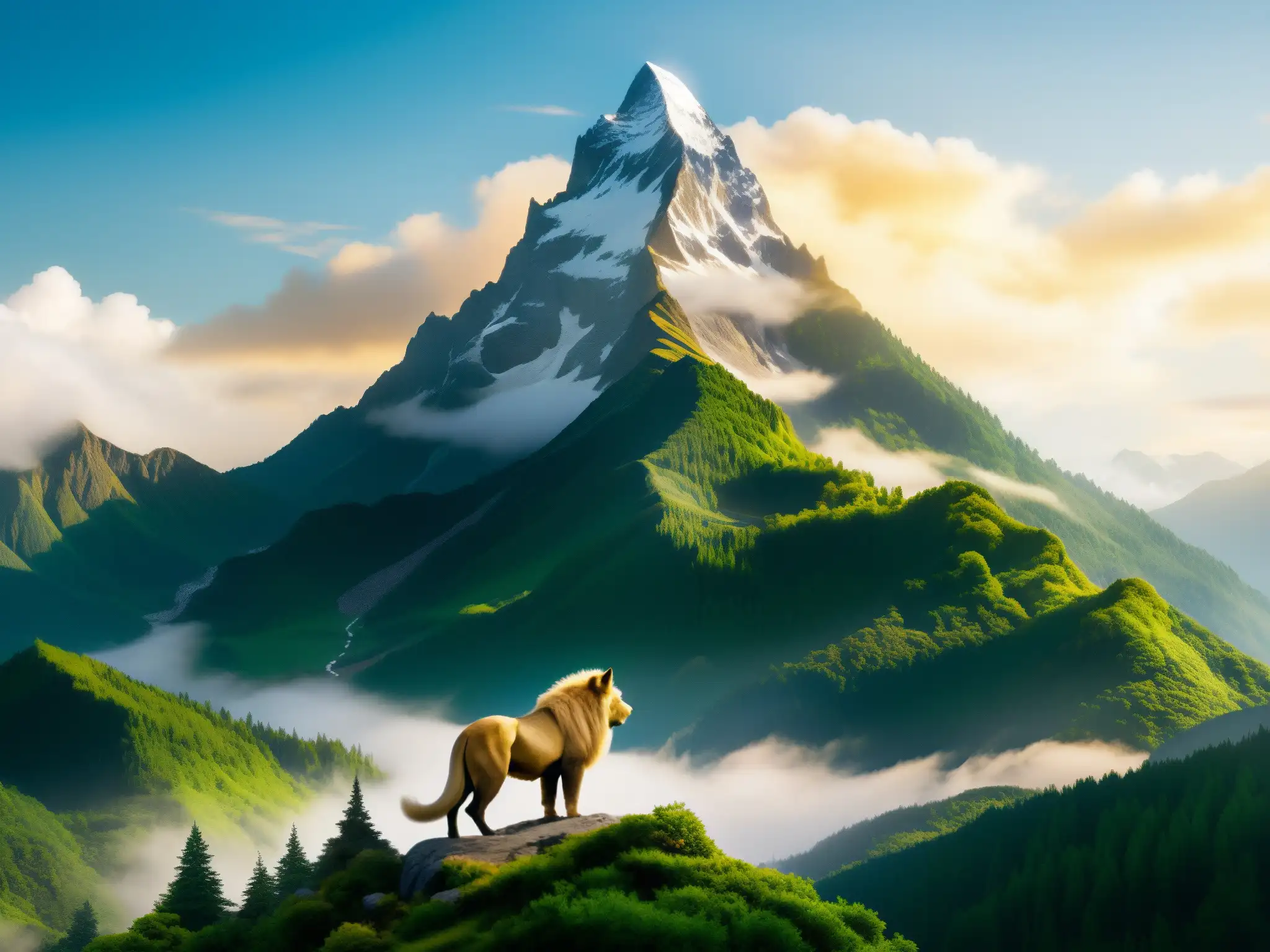 Un majestuoso guardián de montaña, criatura mítica en Sri Lanka, resplandece junto a un misterioso pico cubierto de niebla