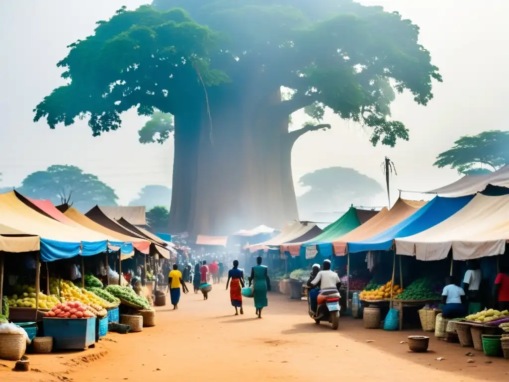 Un mercado bullicioso en Kumasi, Ghana, con puestos coloridos rebosantes de frutas, verduras y productos, envuelto en polvo y luz solar