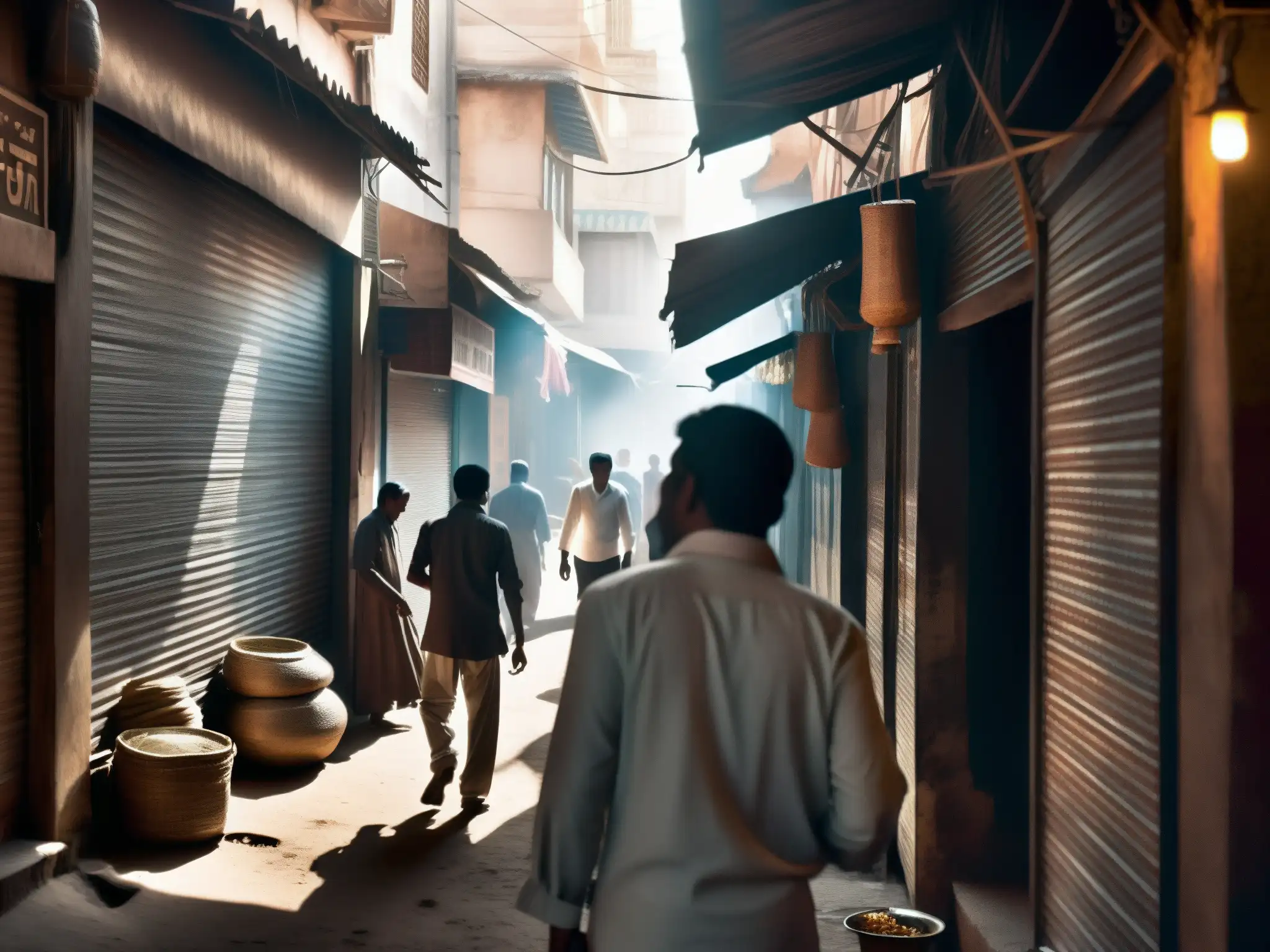 En un mercado indio, una figura misteriosa habla con personas asombradas