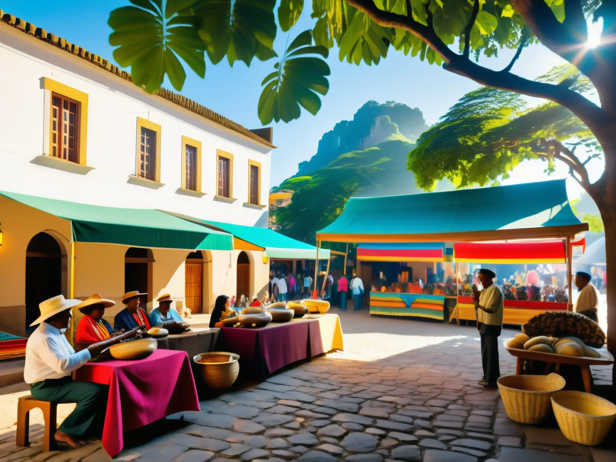 Mercado vibrante: máscaras y textiles artesanales en pueblo latino Mercado vibrante en pueblo latinoamericano con artesanías coloridas y música tradicional